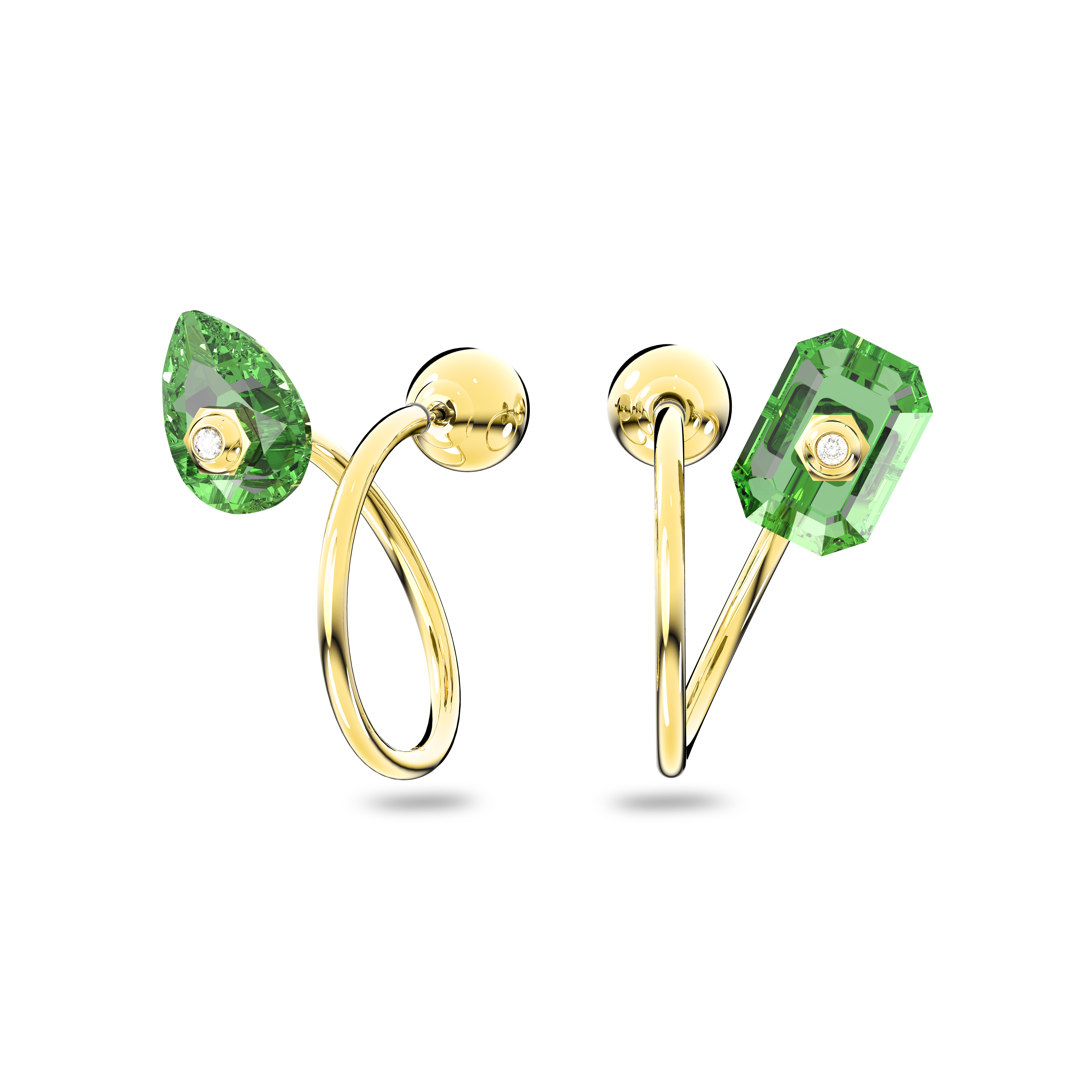 SWAROVSKI NUMINA DROP EARRINGS, ASYMMETRICAL DESIGN, MIXED CUTS, GREEN, GOLD-TONE PLATED 5613541