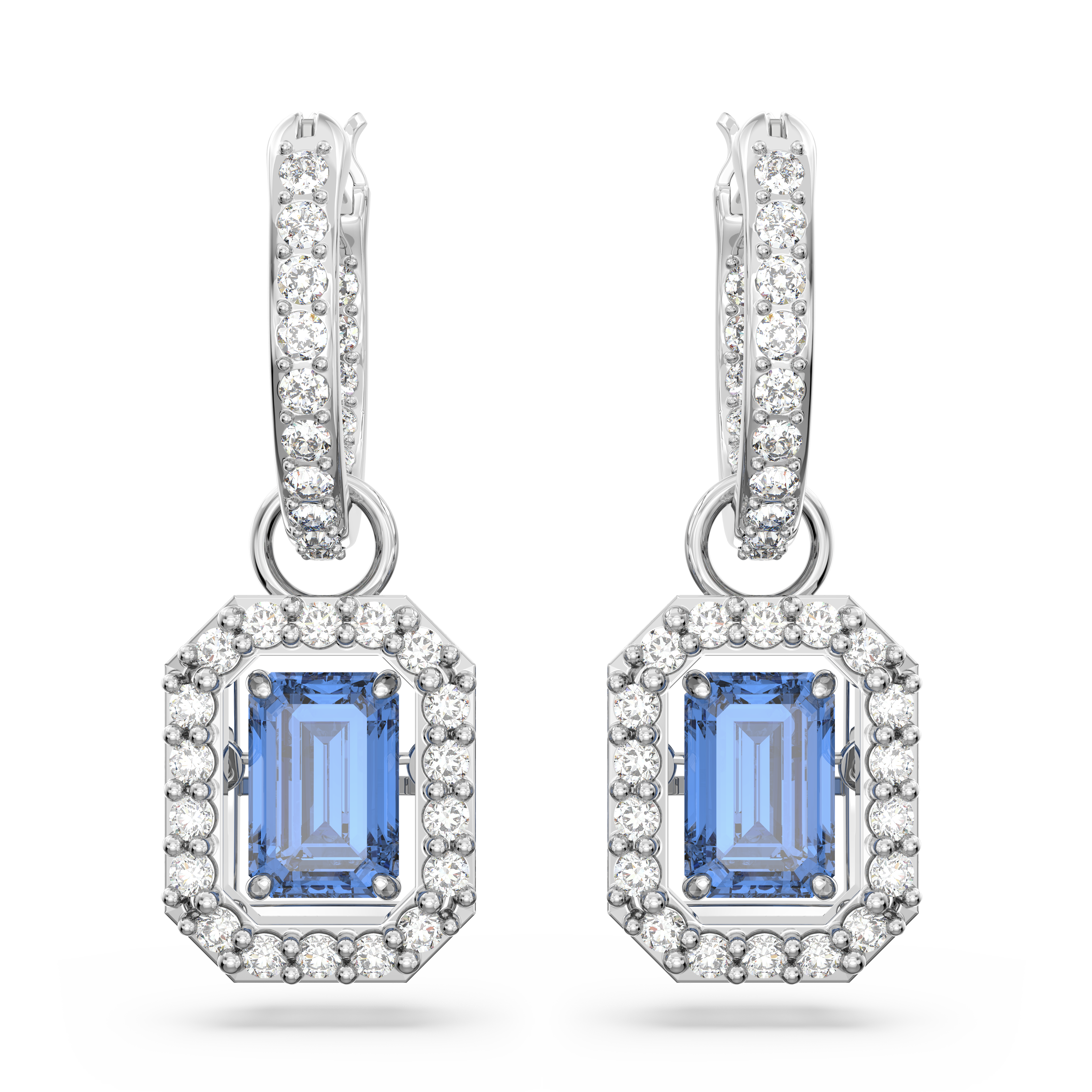 Swarovski Una drop earrings, Octagon cut, Blue, Rhodium plated 5619500