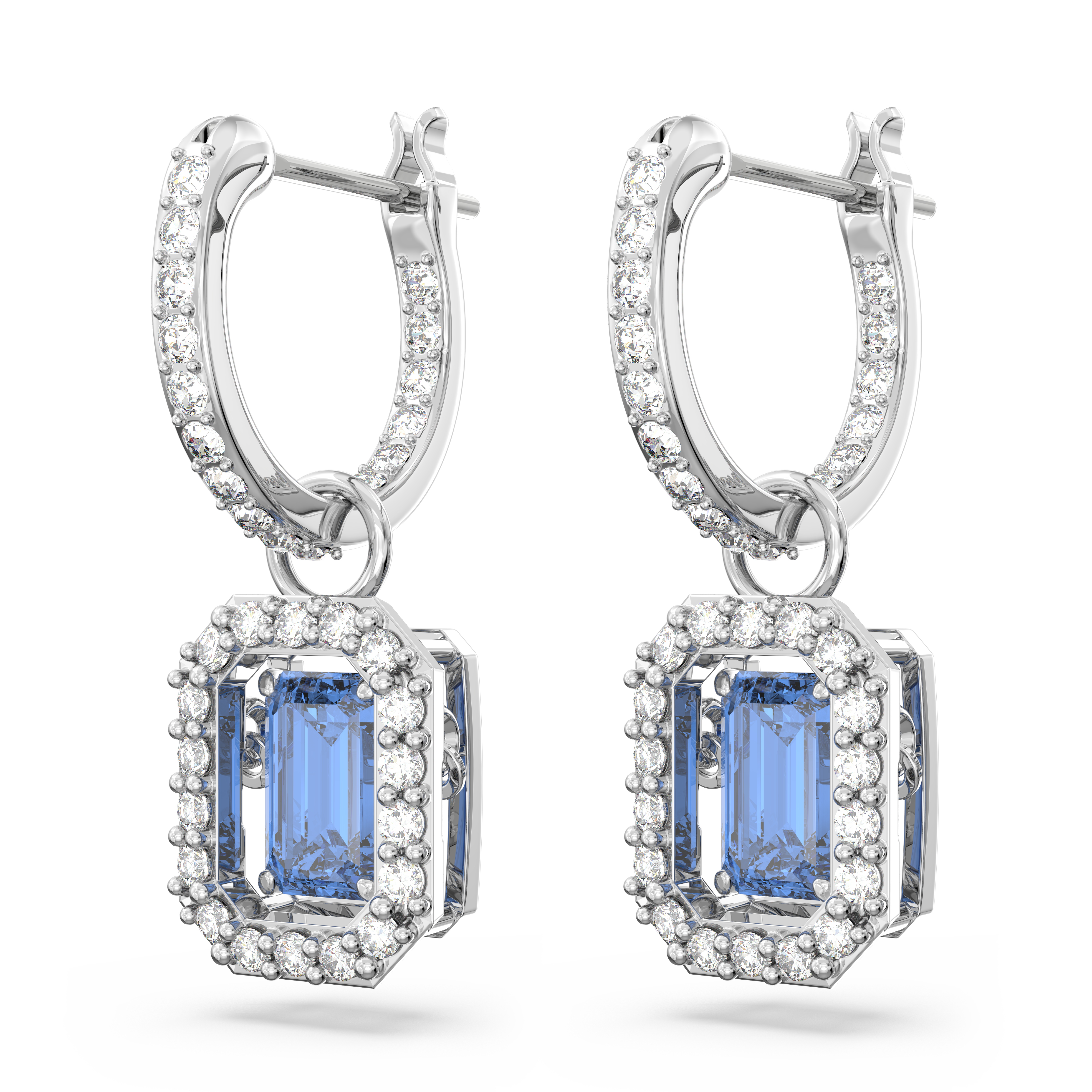 Swarovski Una drop earrings, Octagon cut, Blue, Rhodium plated 5619500