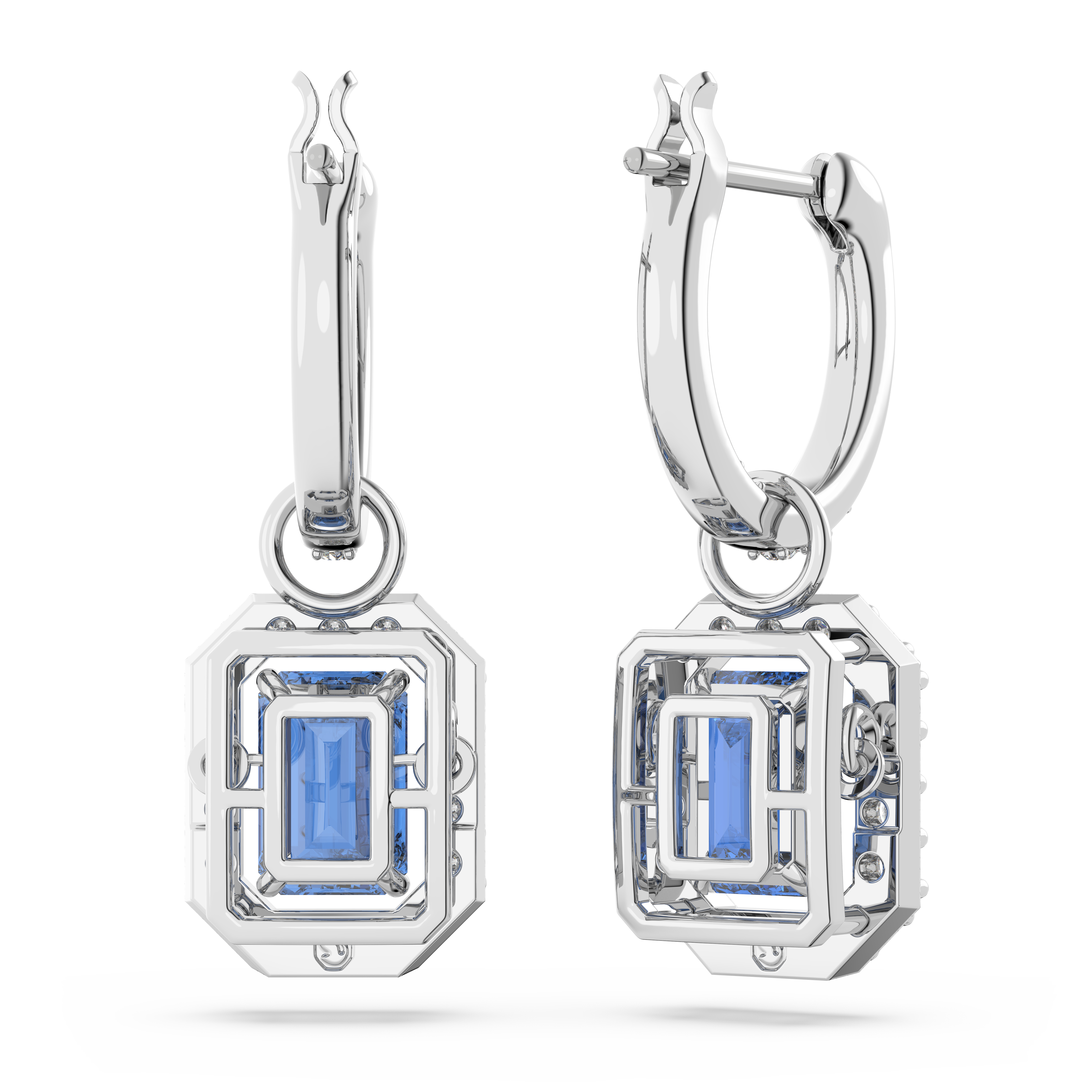 Swarovski Una drop earrings, Octagon cut, Blue, Rhodium plated 5619500