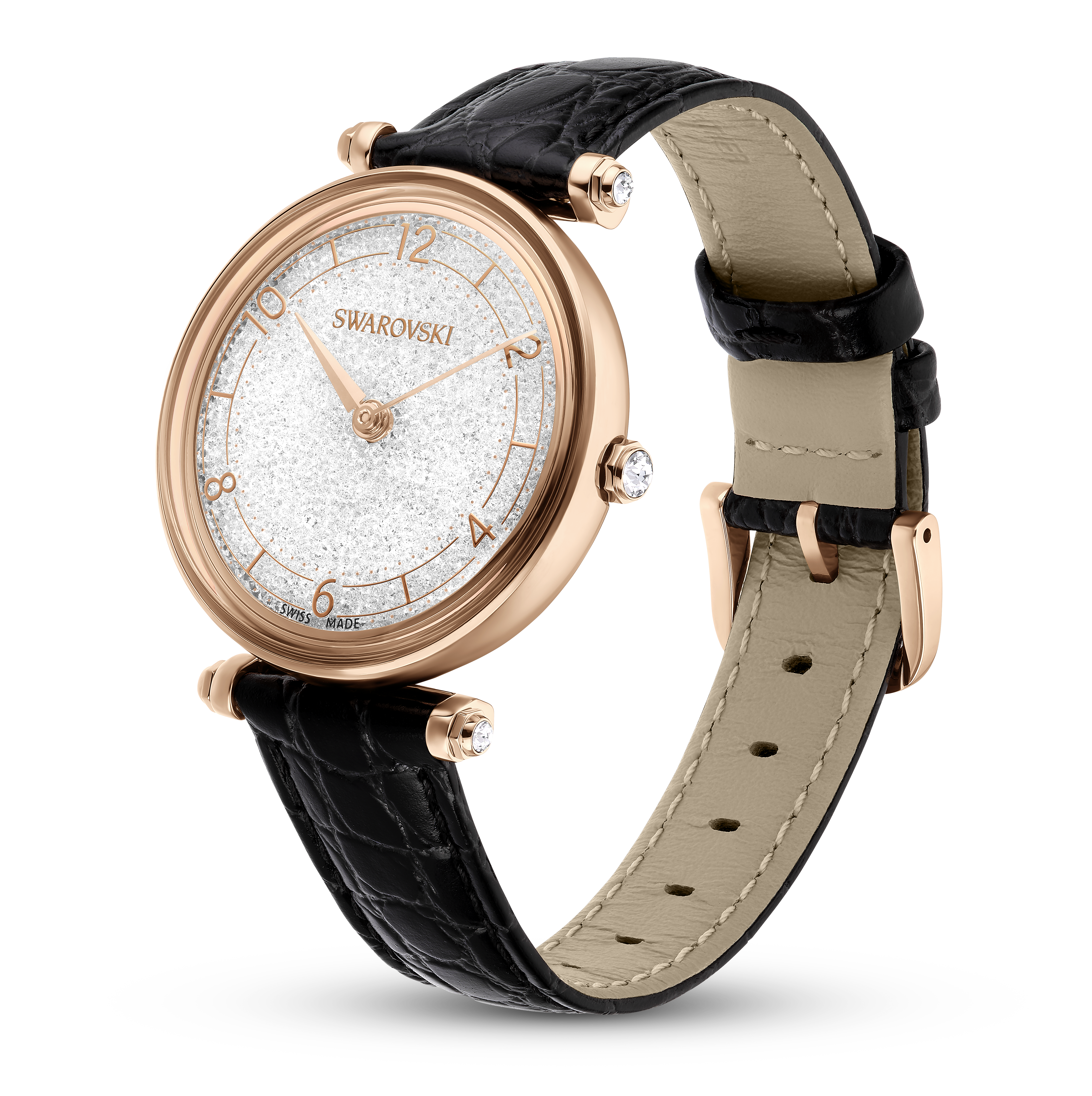 SWAROVSKI CRYSTALLINE WONDER WATCH, SWISS MADE, LEATHER STRAP, BLACK, ROSE GOLD-TONE FINISH 5653359
