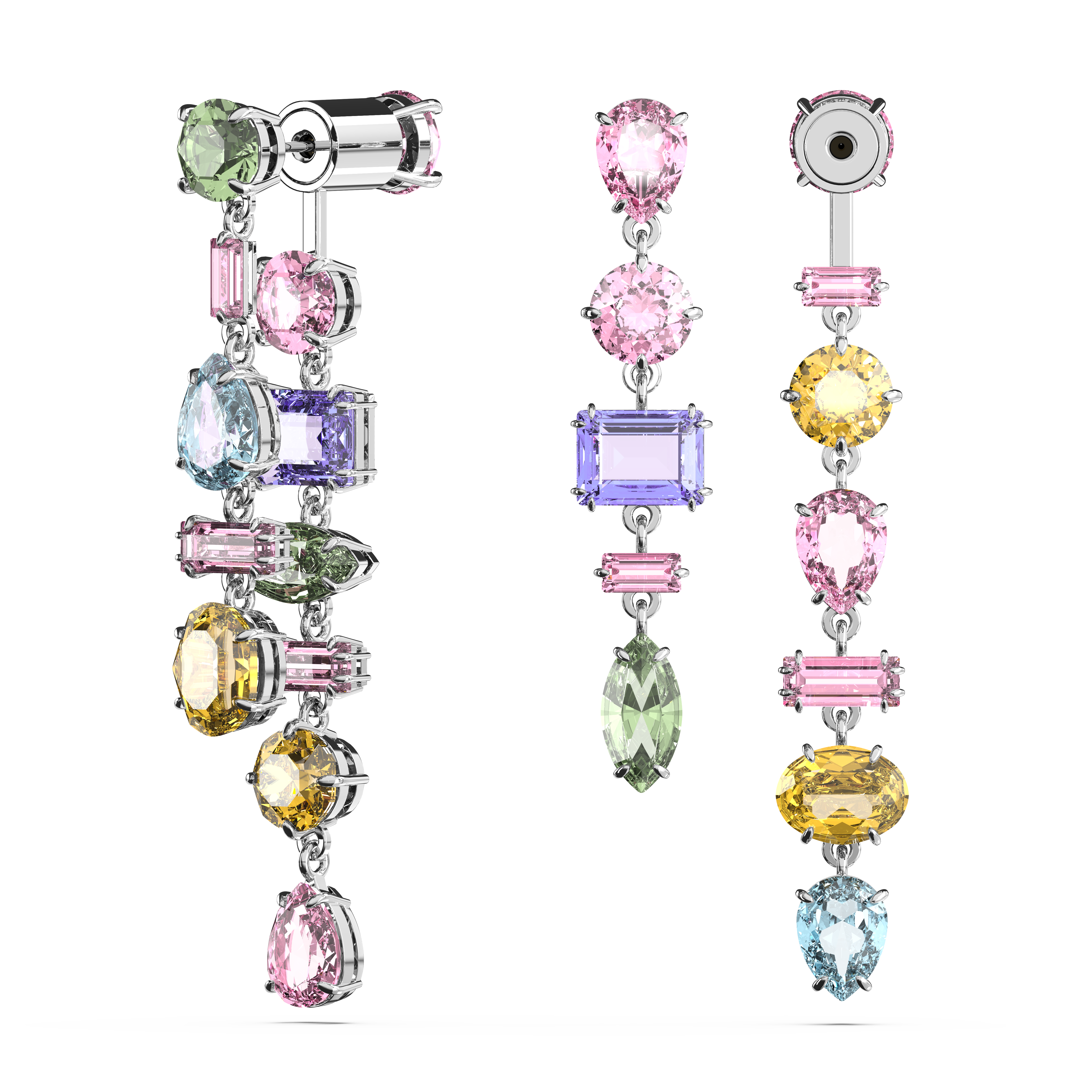 SWAROVSKI GEMA DROP EARRINGS, ASYMMETRICAL DESIGN, MIXED CUTS, LONG, MULTICOLORED, RHODIUM PLATED 5656417