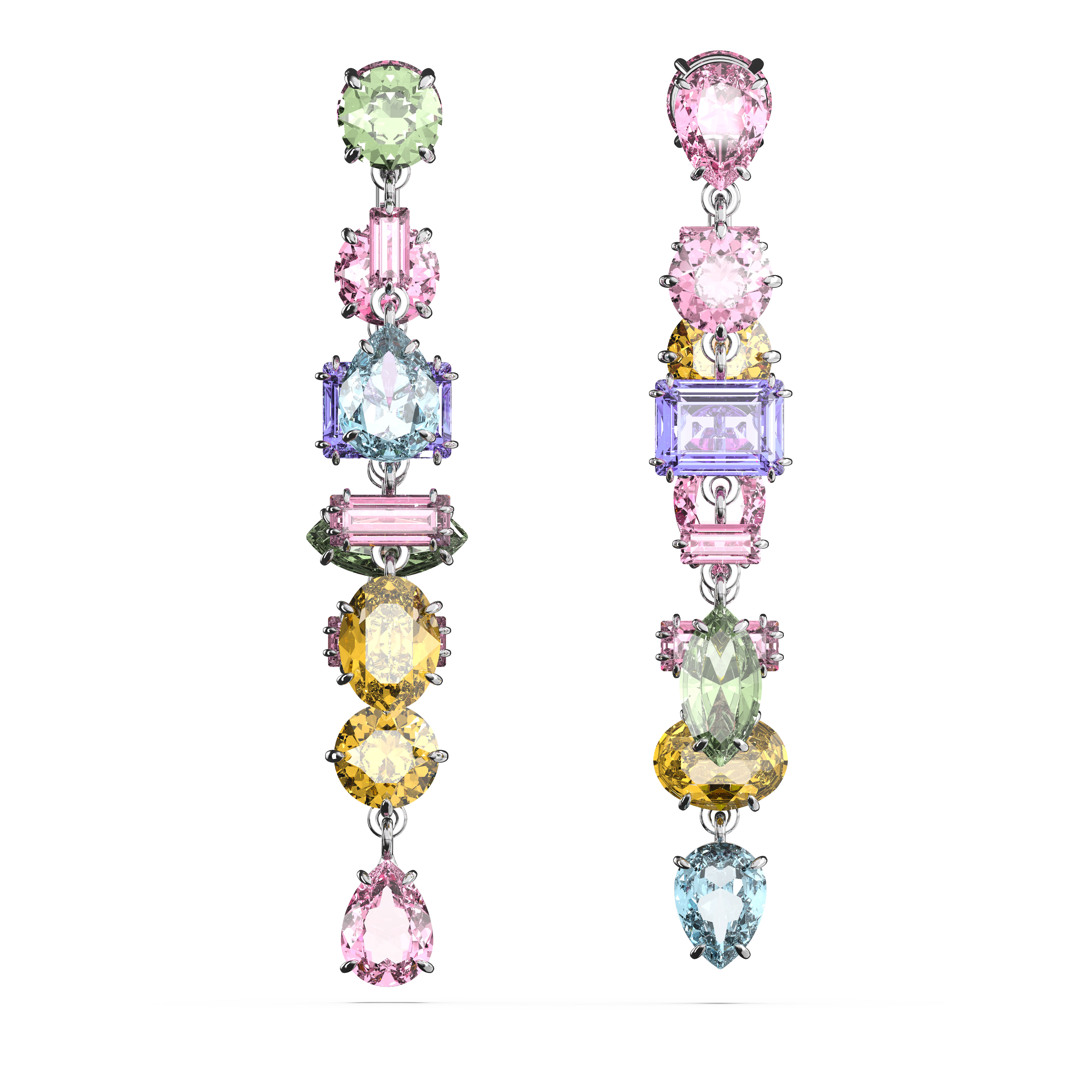 SWAROVSKI GEMA DROP EARRINGS, ASYMMETRICAL DESIGN, MIXED CUTS, LONG, MULTICOLORED, RHODIUM PLATED 5656417