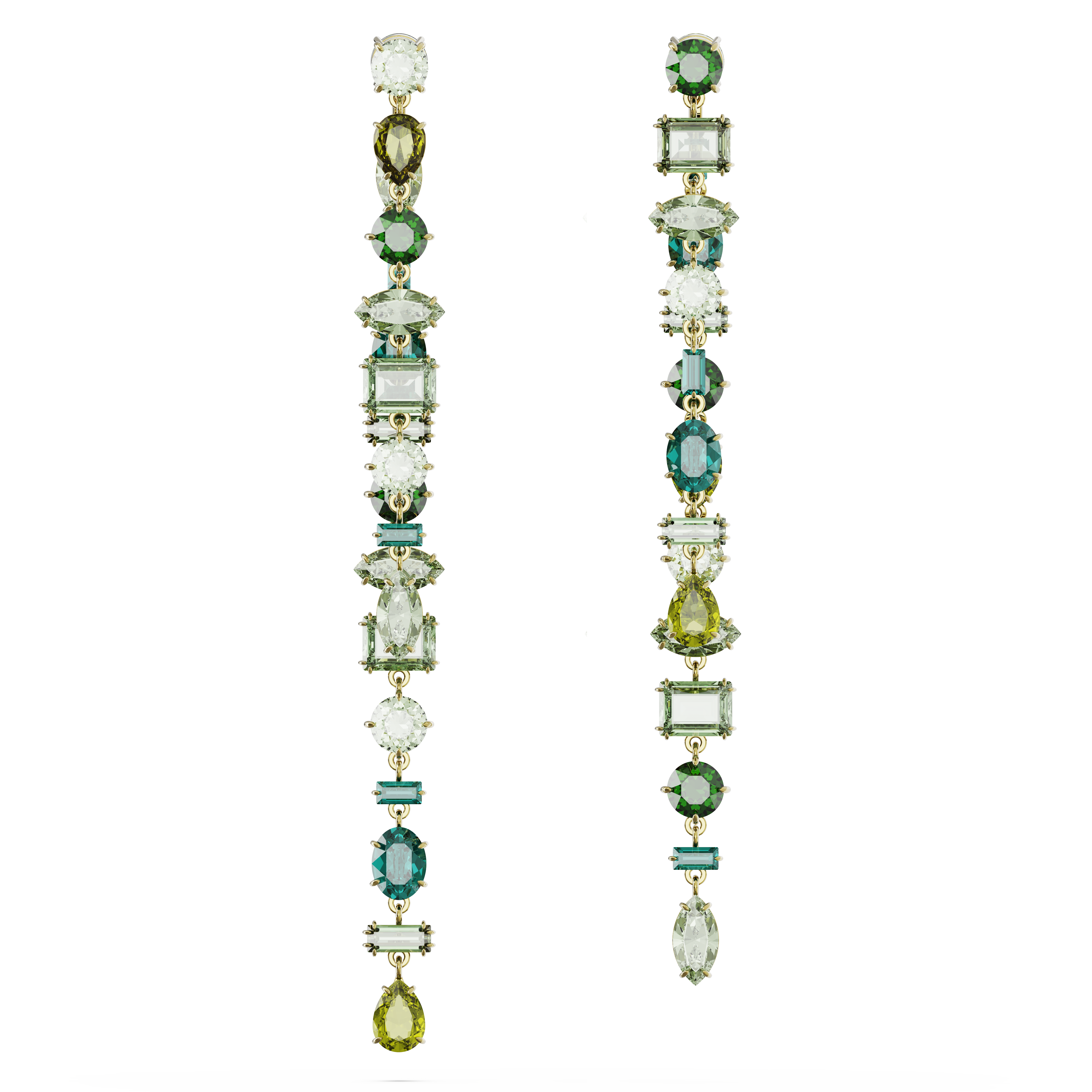 Swarovski Gema drop earrings, Asymmetrical design, Mixed cuts, Extra long, Green, Gold-tone plated 5657390