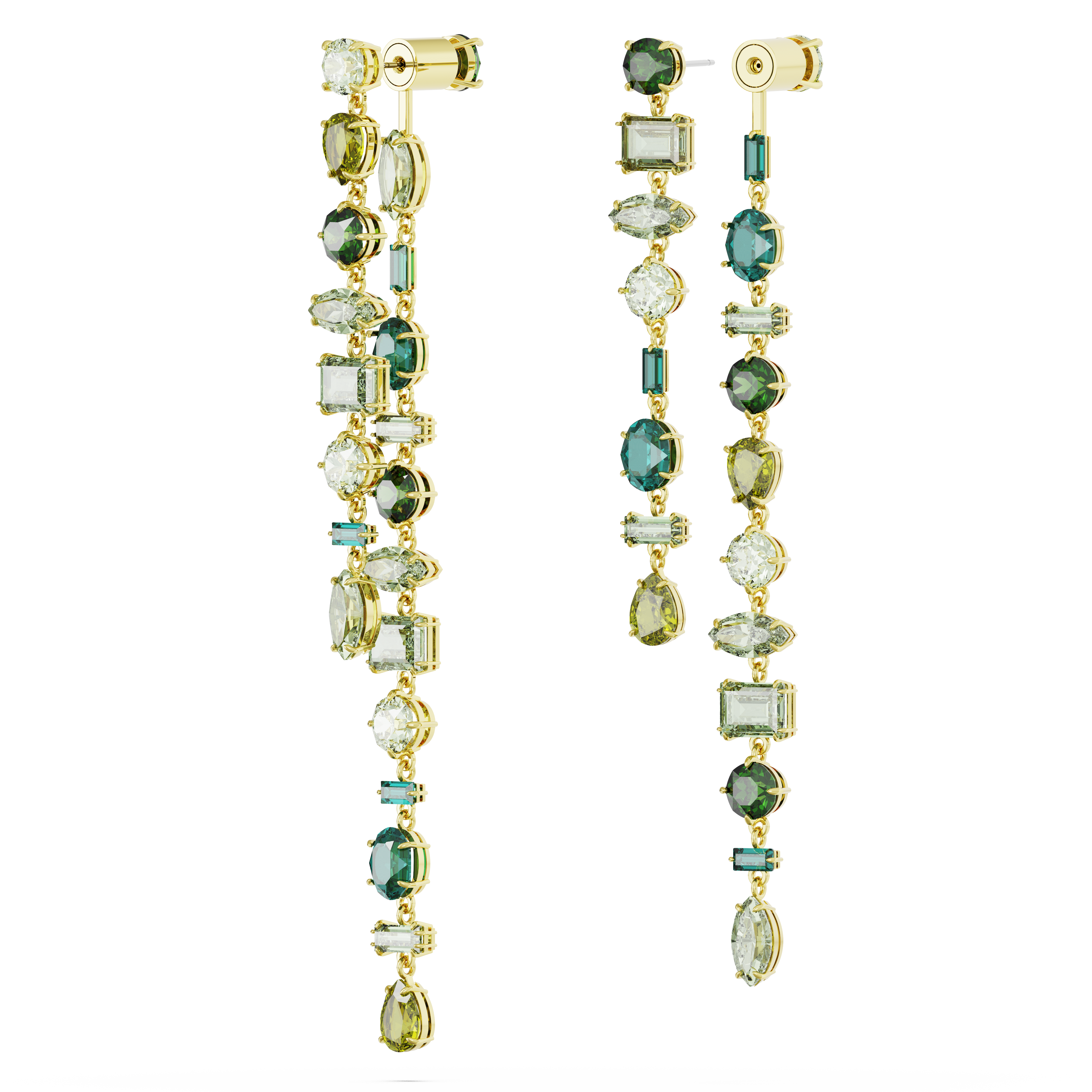 Swarovski Gema drop earrings, Asymmetrical design, Mixed cuts, Extra long, Green, Gold-tone plated 5657390