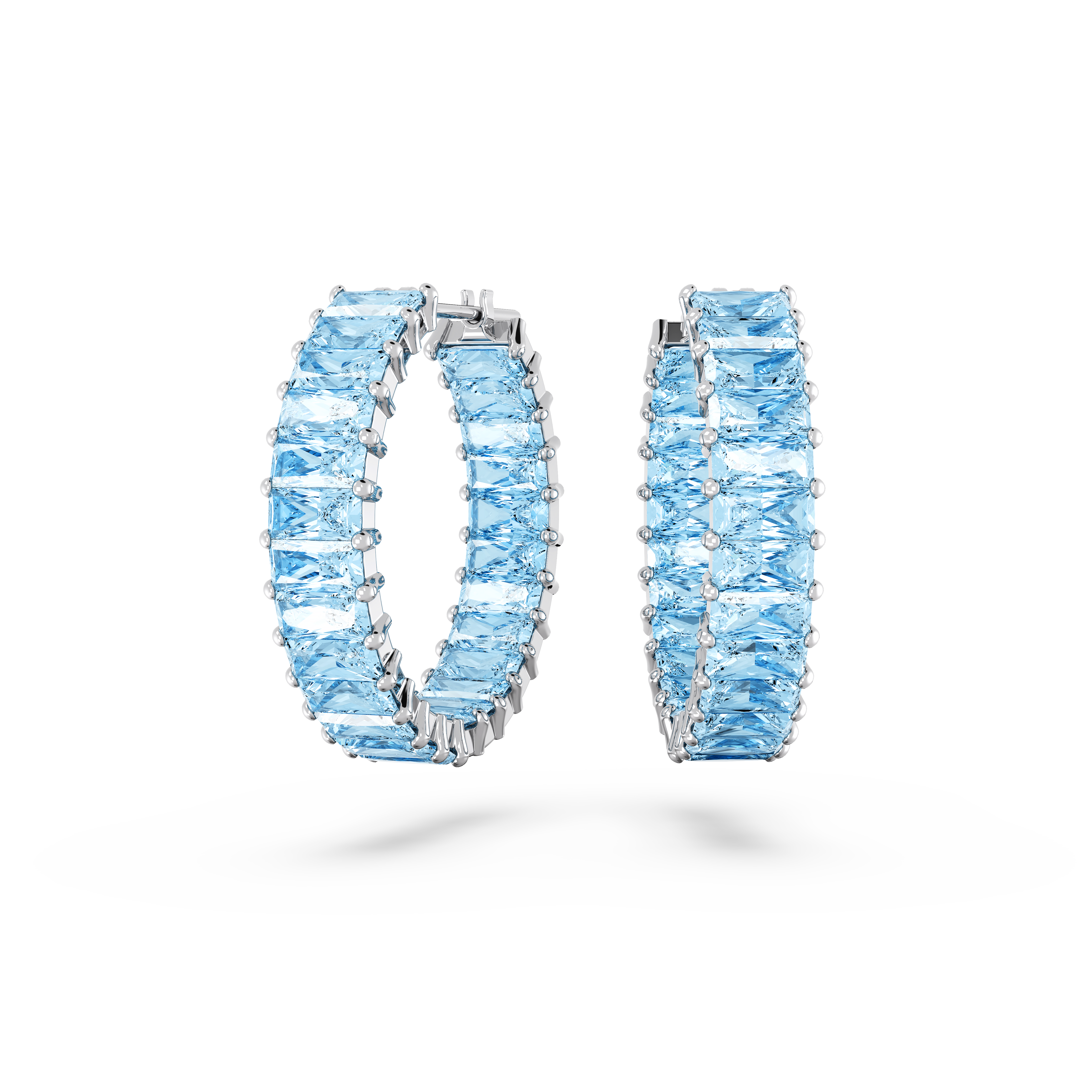 SWAROVSKI MATRIX HOOP EARRINGS, BAGUETTE CUT, BLUE, RHODIUM PLATED 5659037