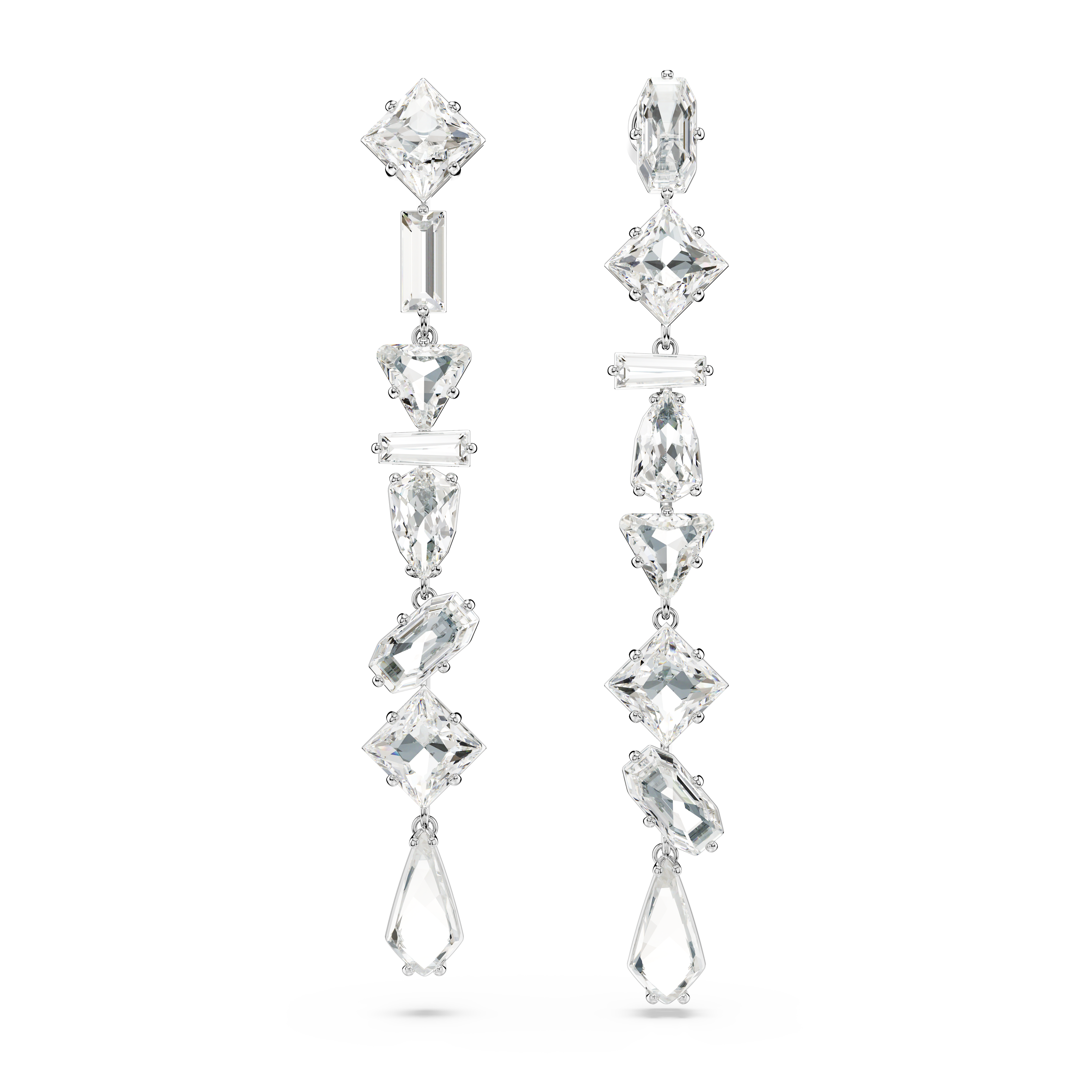Swarovski Mesmera drop earrings, Asymmetrical design, Mixed cuts, Long, White, Rhodium plated 5661687