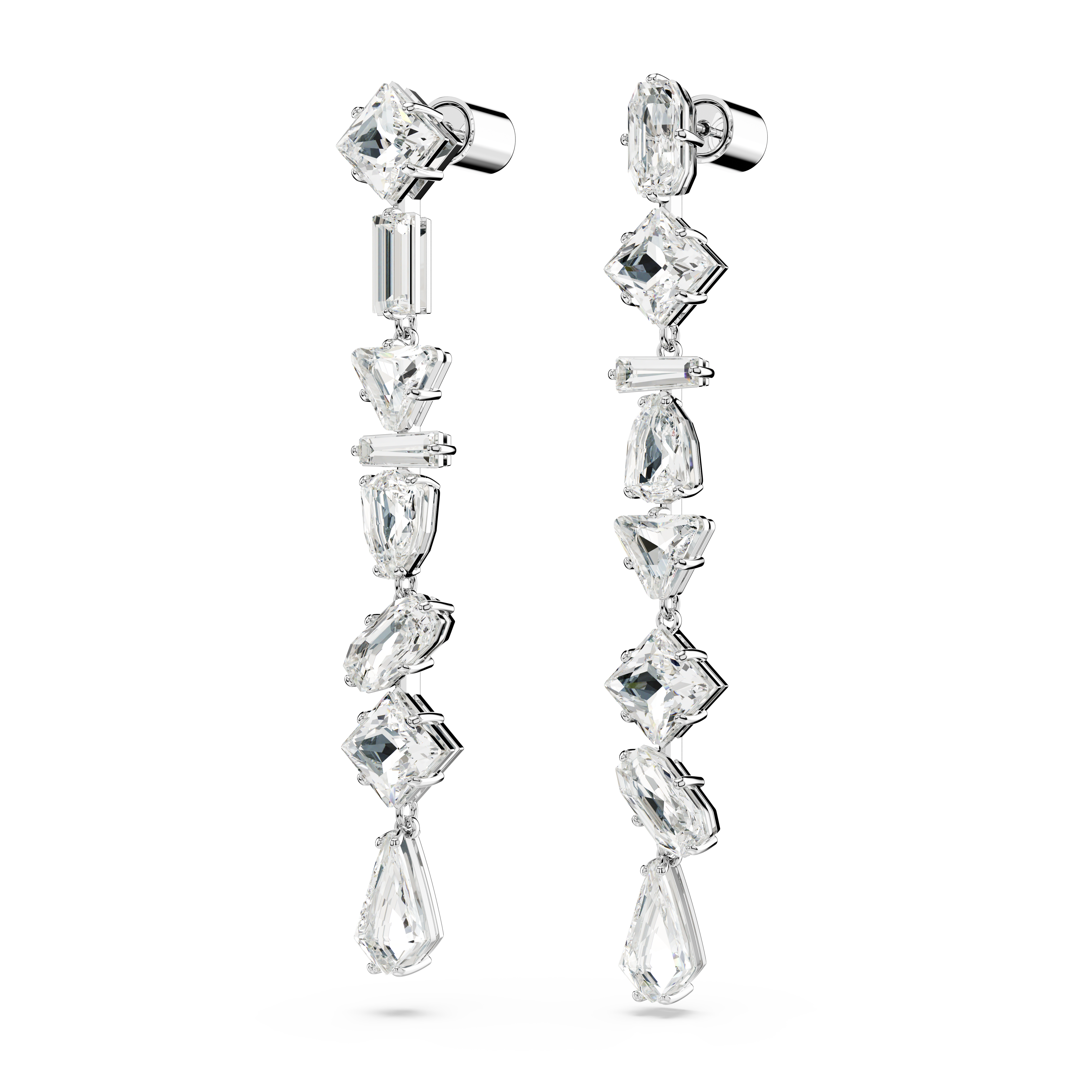 Swarovski Mesmera drop earrings, Asymmetrical design, Mixed cuts, Long, White, Rhodium plated 5661687