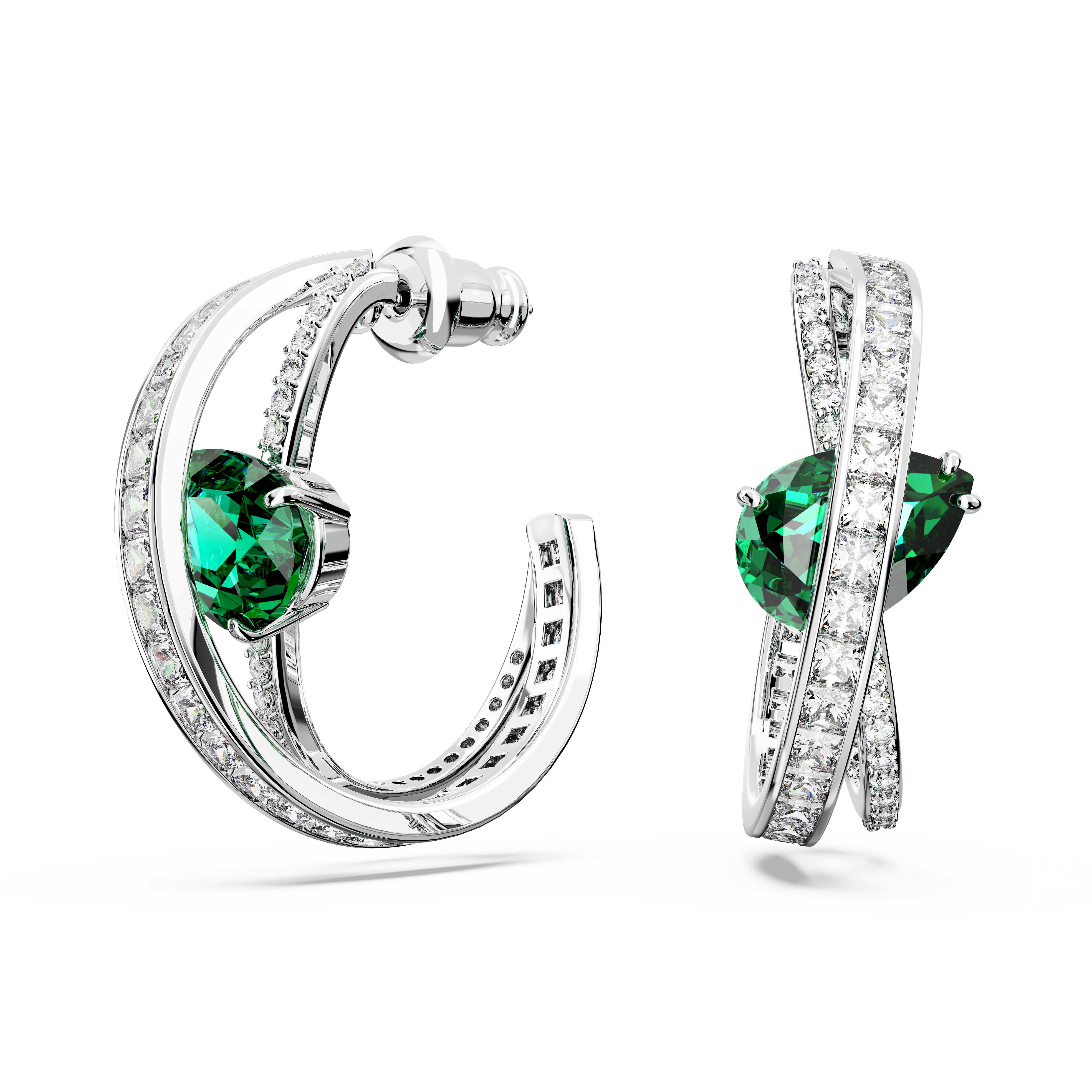 SWAROVSKI HYPERBOLA HOOP EARRINGS, CARBON NEUTRAL ZIRCONIA, MIXED CUTS, GREEN, RHODIUM PLATED 5665334