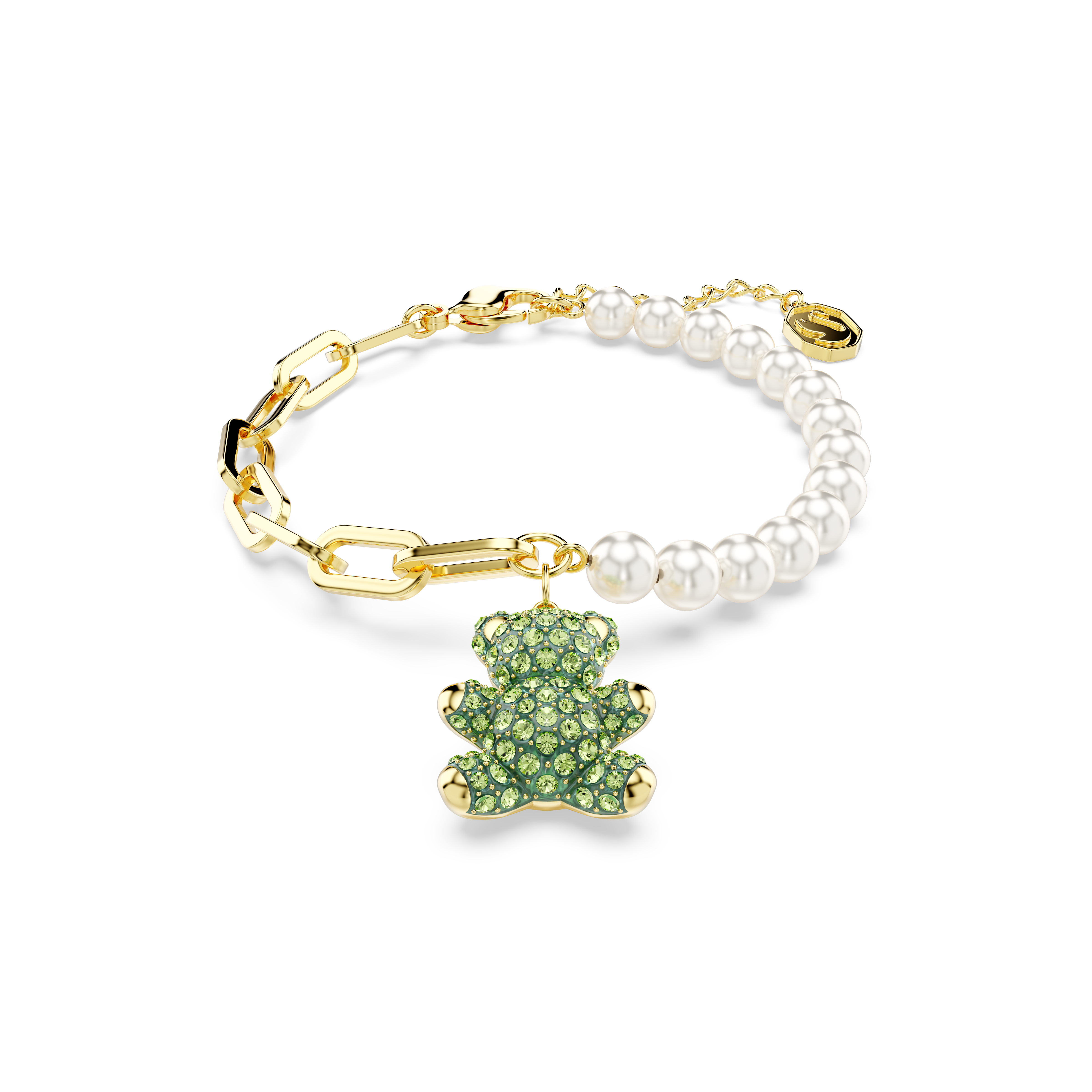 Swarovski Teddy bracelet, Crystal pearl, Bear, Green, Gold-tone plated 5669167