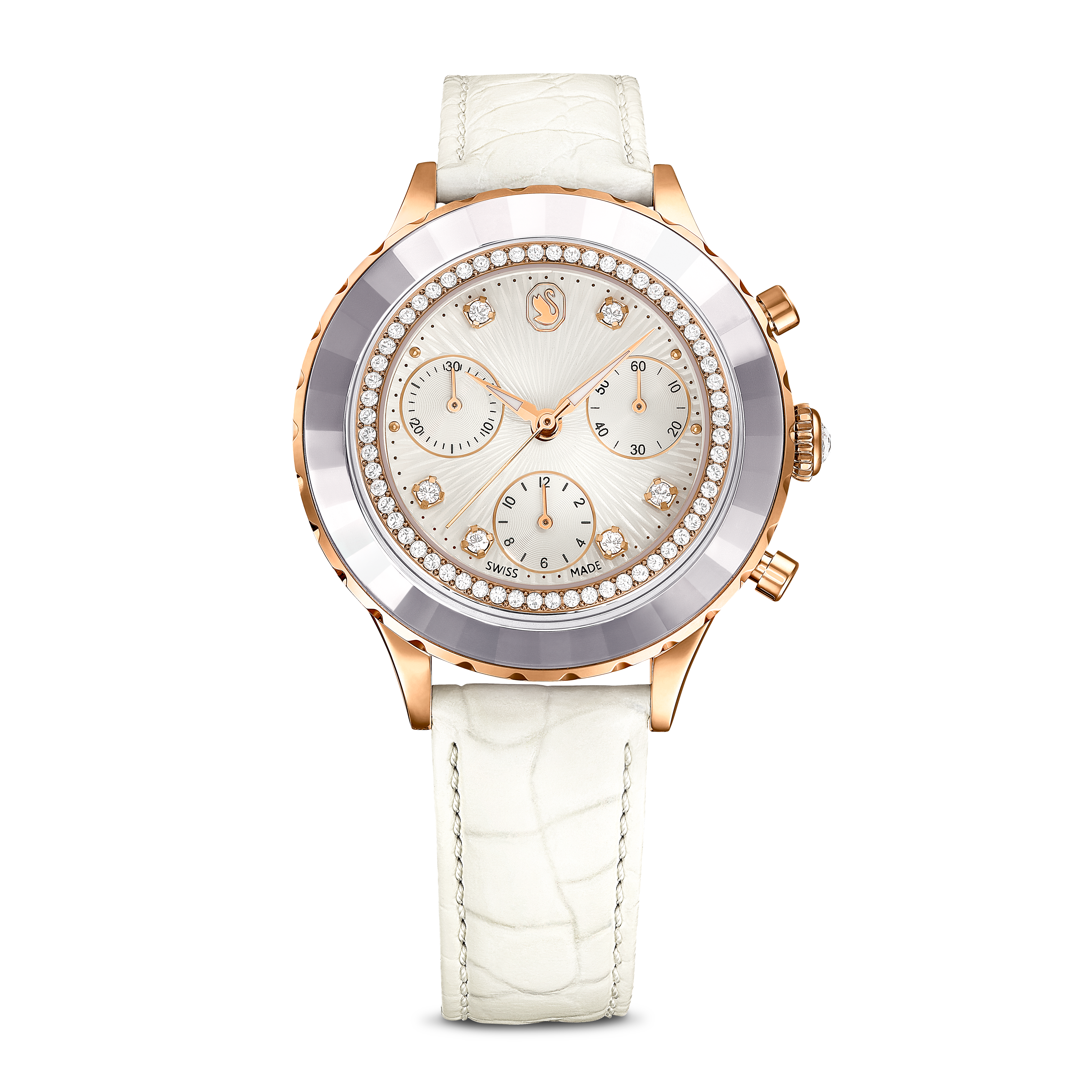 Swarovski Octea chrono watch, Swiss Made, Leather strap, White, Rose gold-tone finish 5671150