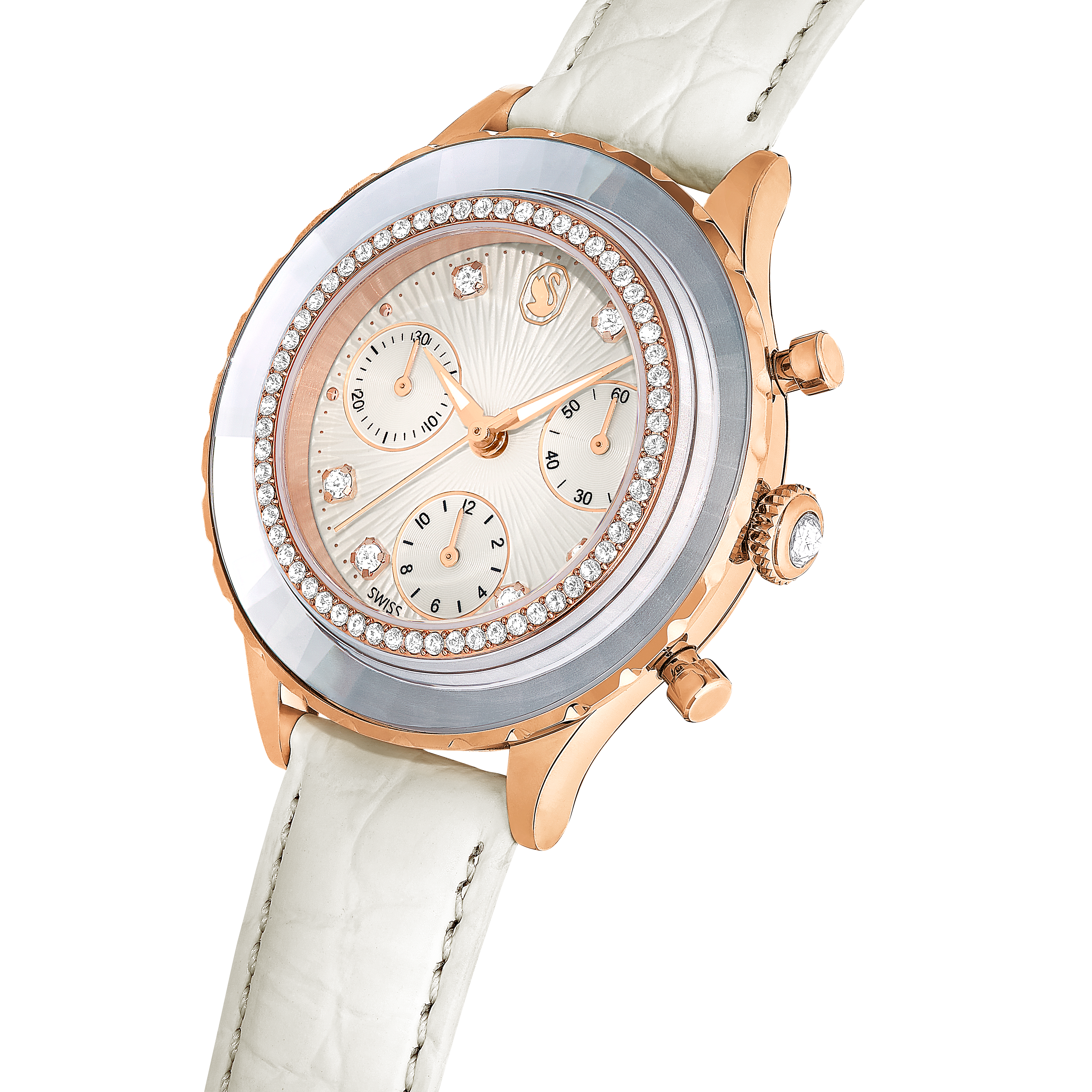 Swarovski Octea chrono watch, Swiss Made, Leather strap, White, Rose gold-tone finish 5671150