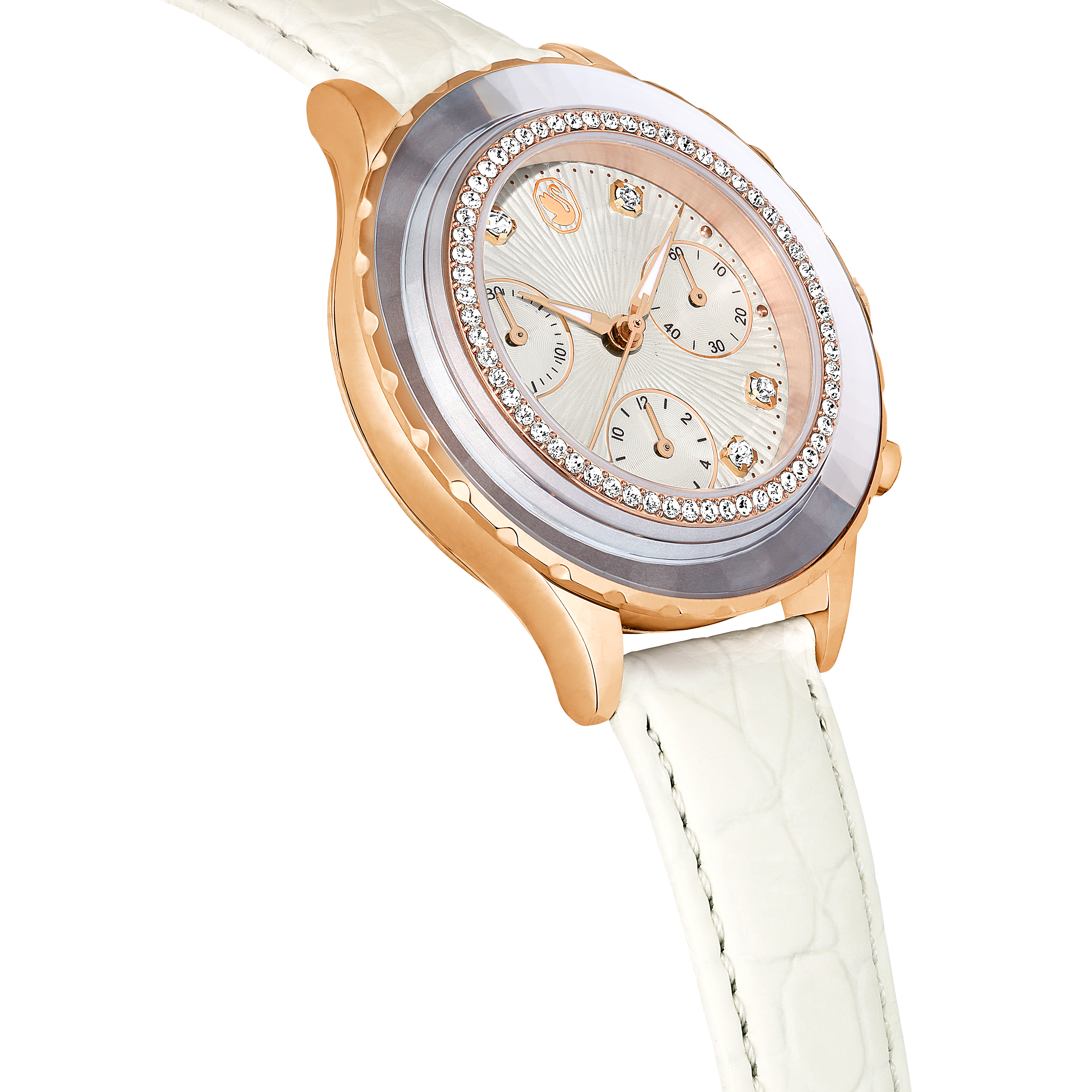 Swarovski Octea chrono watch, Swiss Made, Leather strap, White, Rose gold-tone finish 5671150
