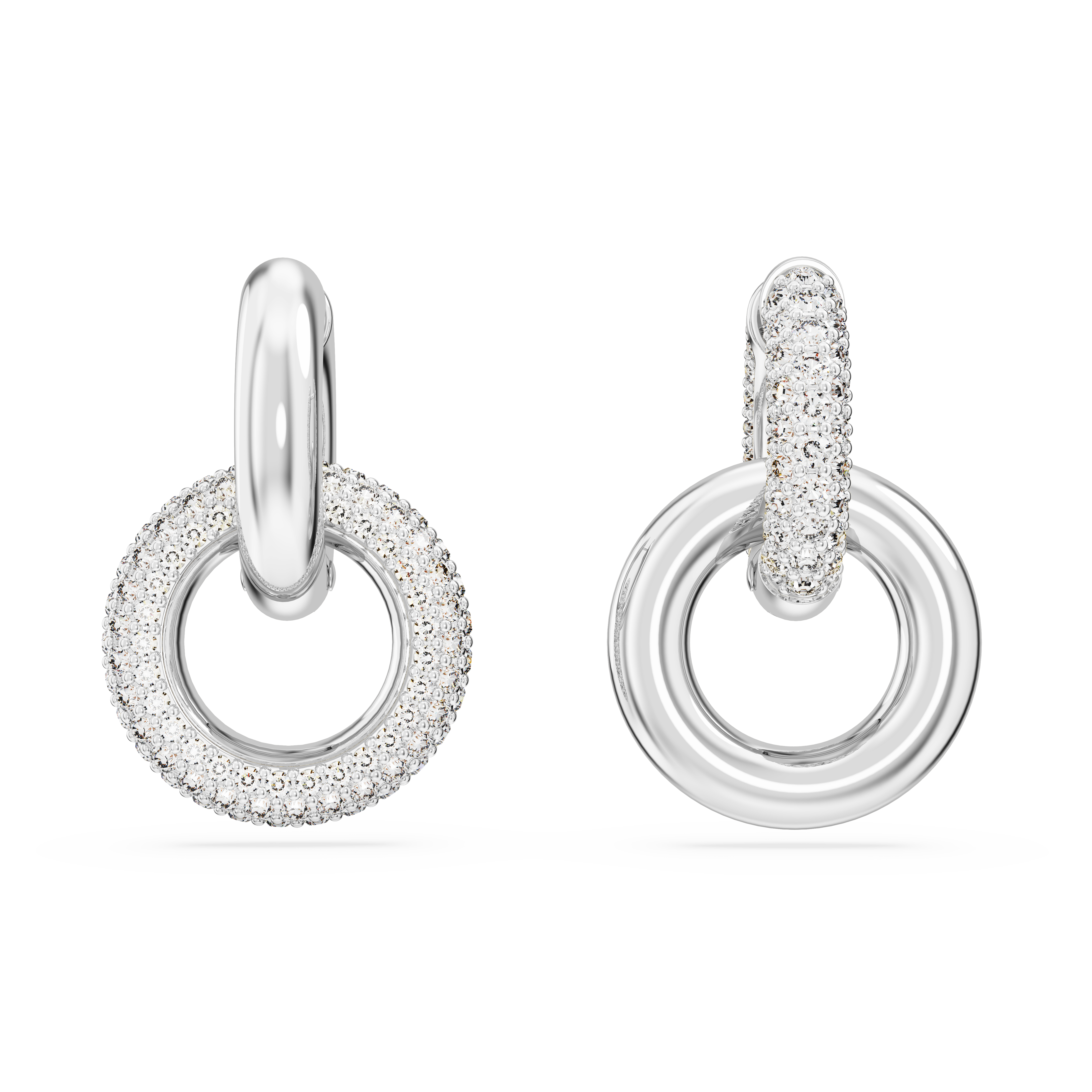 SWAROVSKI DEXTERA HOOP EARRINGS, ASYMMETRICAL DESIGN, INTERLOCKING LOOP, WHITE, RHODIUM PLATED 5671807