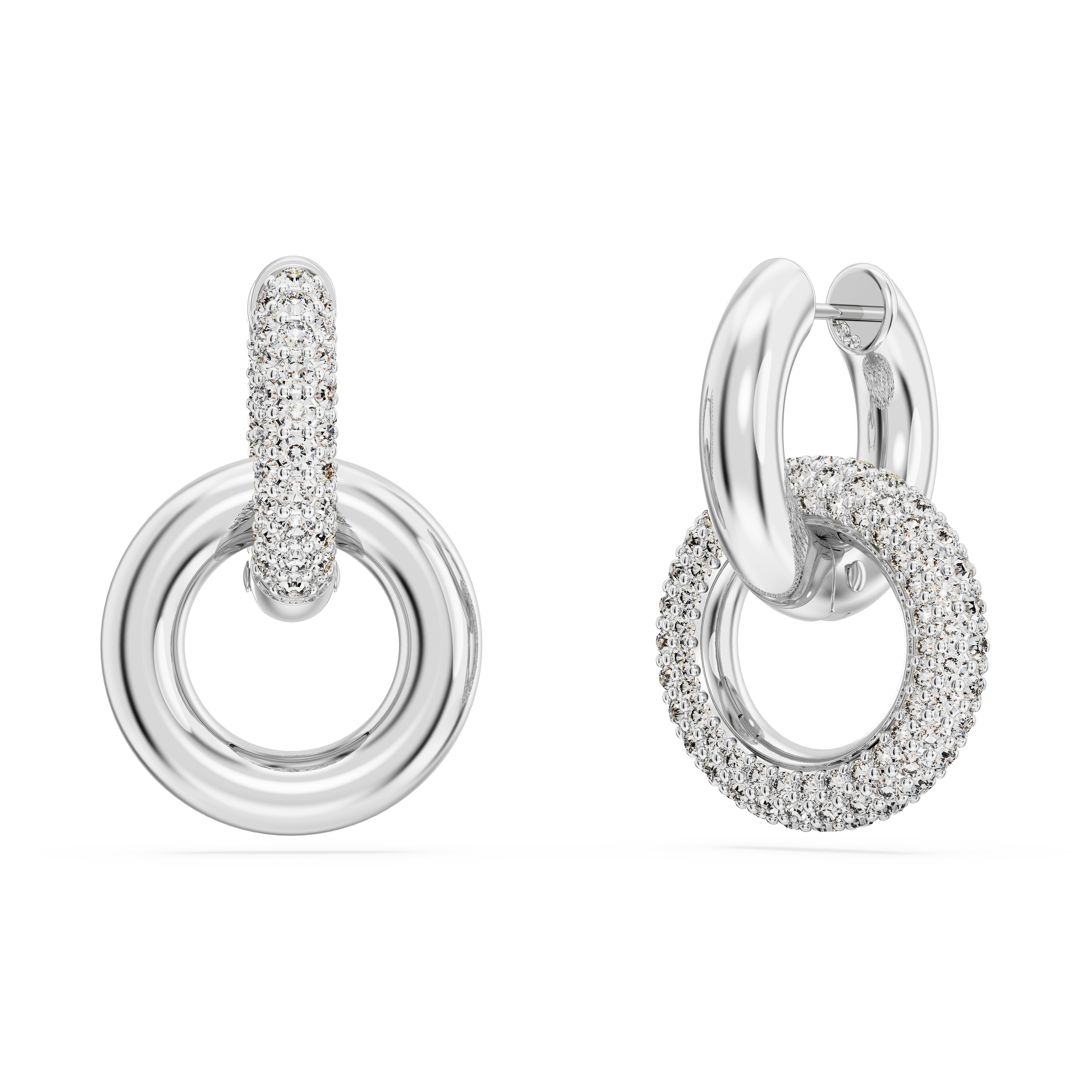 SWAROVSKI DEXTERA HOOP EARRINGS, ASYMMETRICAL DESIGN, INTERLOCKING LOOP, WHITE, RHODIUM PLATED 5671807