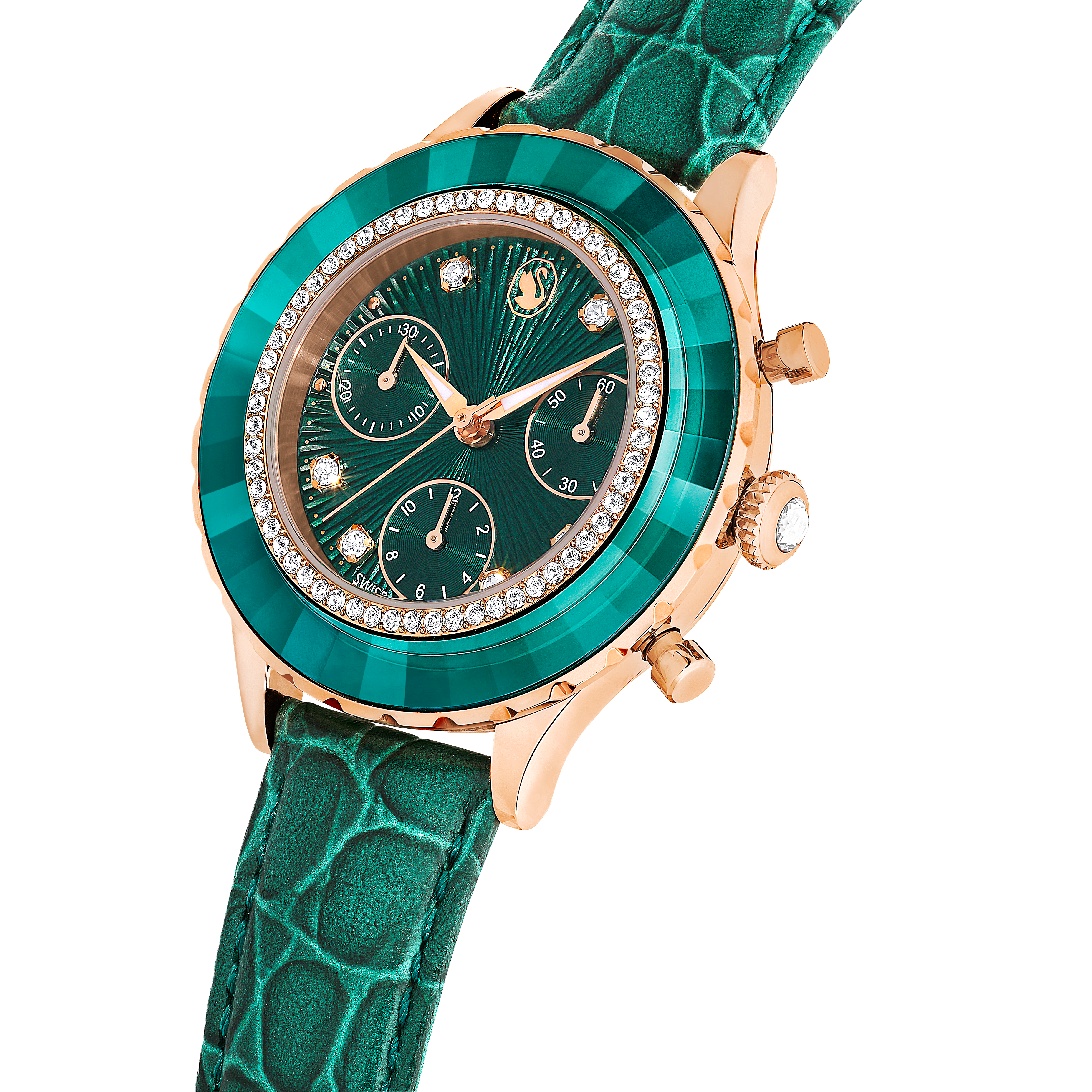 Swarovski Octea chrono watch, Swiss Made, Leather strap, Green, Rose gold-tone finish 5672931