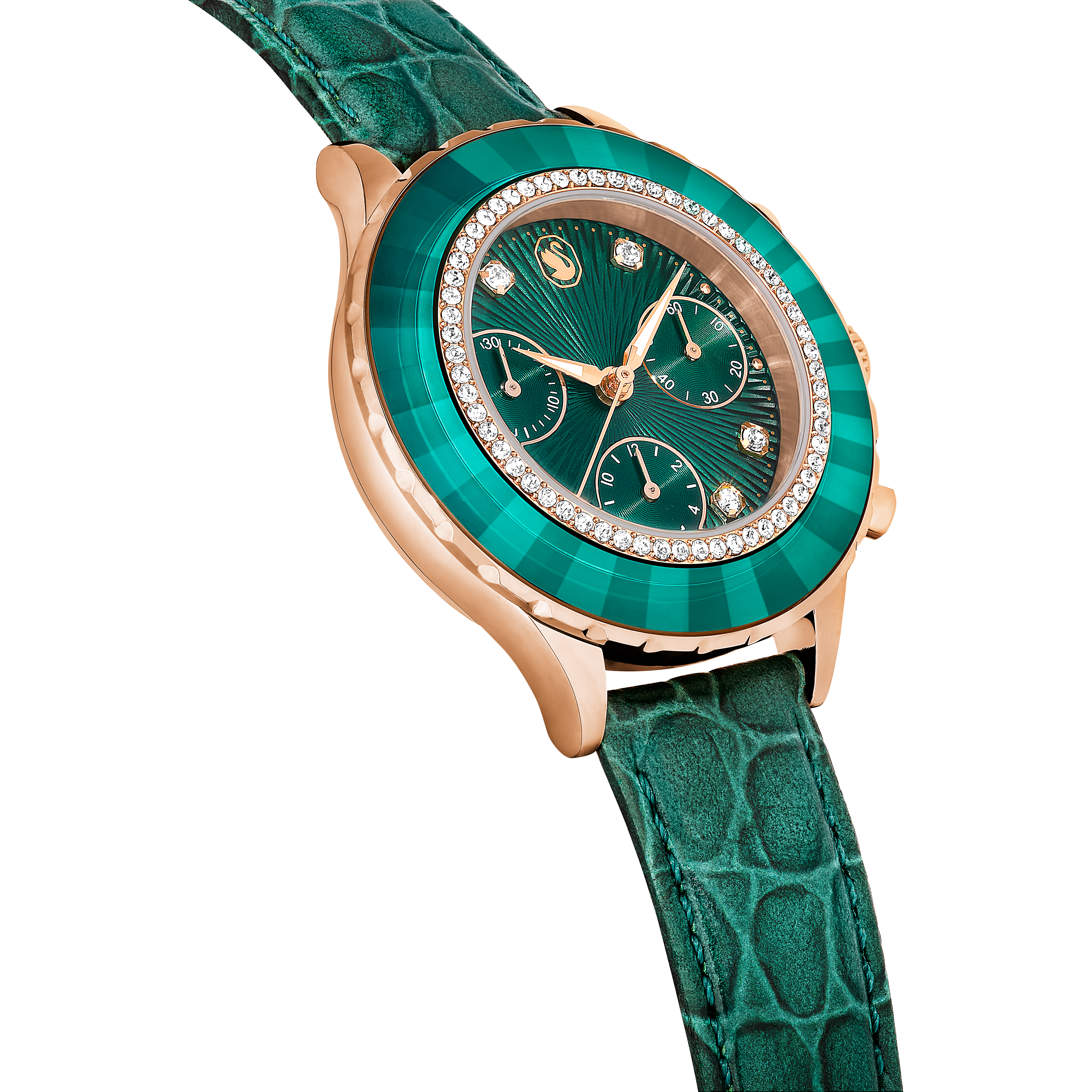 Swarovski Octea chrono watch, Swiss Made, Leather strap, Green, Rose gold-tone finish 5672931