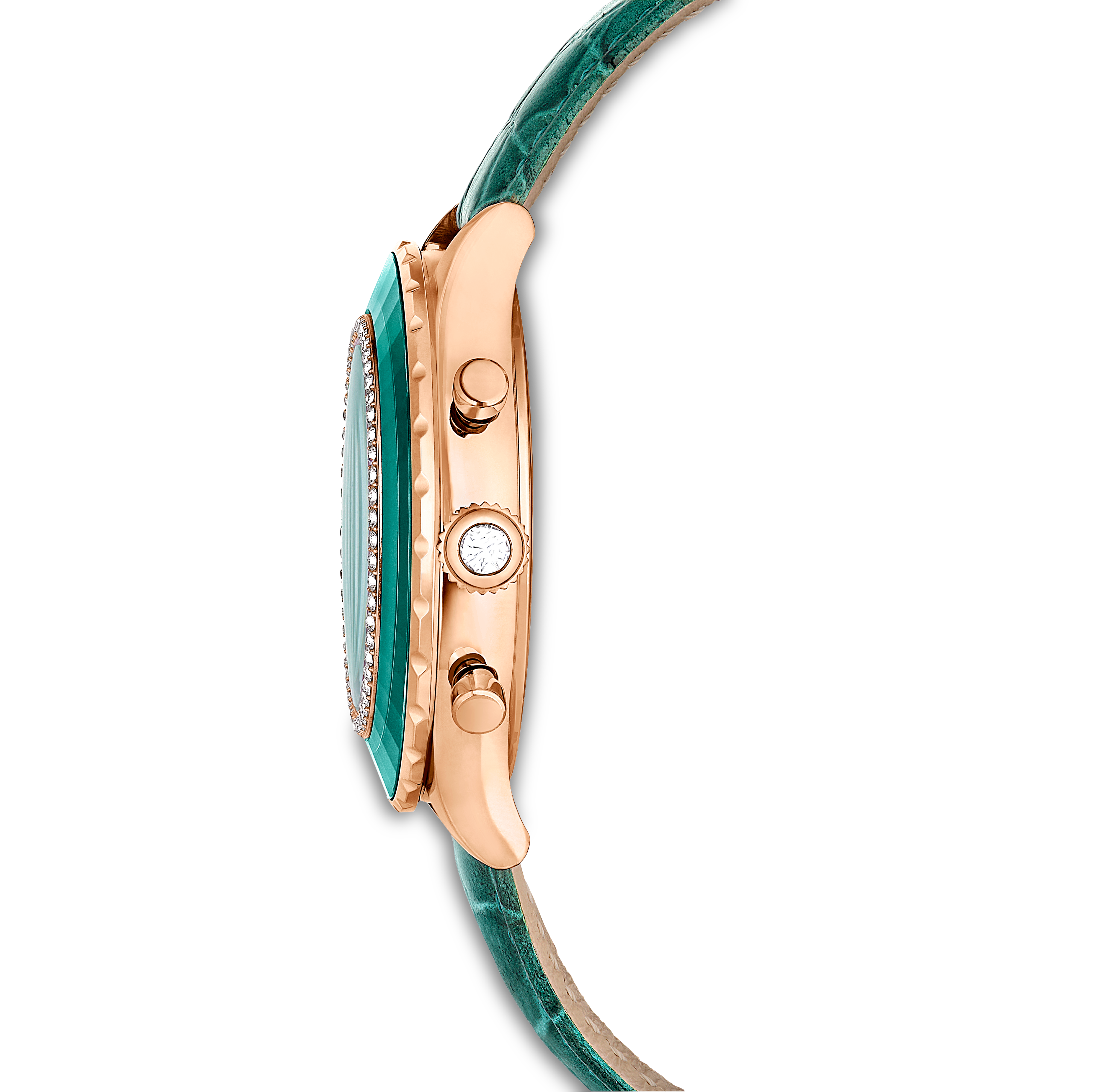 Swarovski Octea chrono watch, Swiss Made, Leather strap, Green, Rose gold-tone finish 5672931