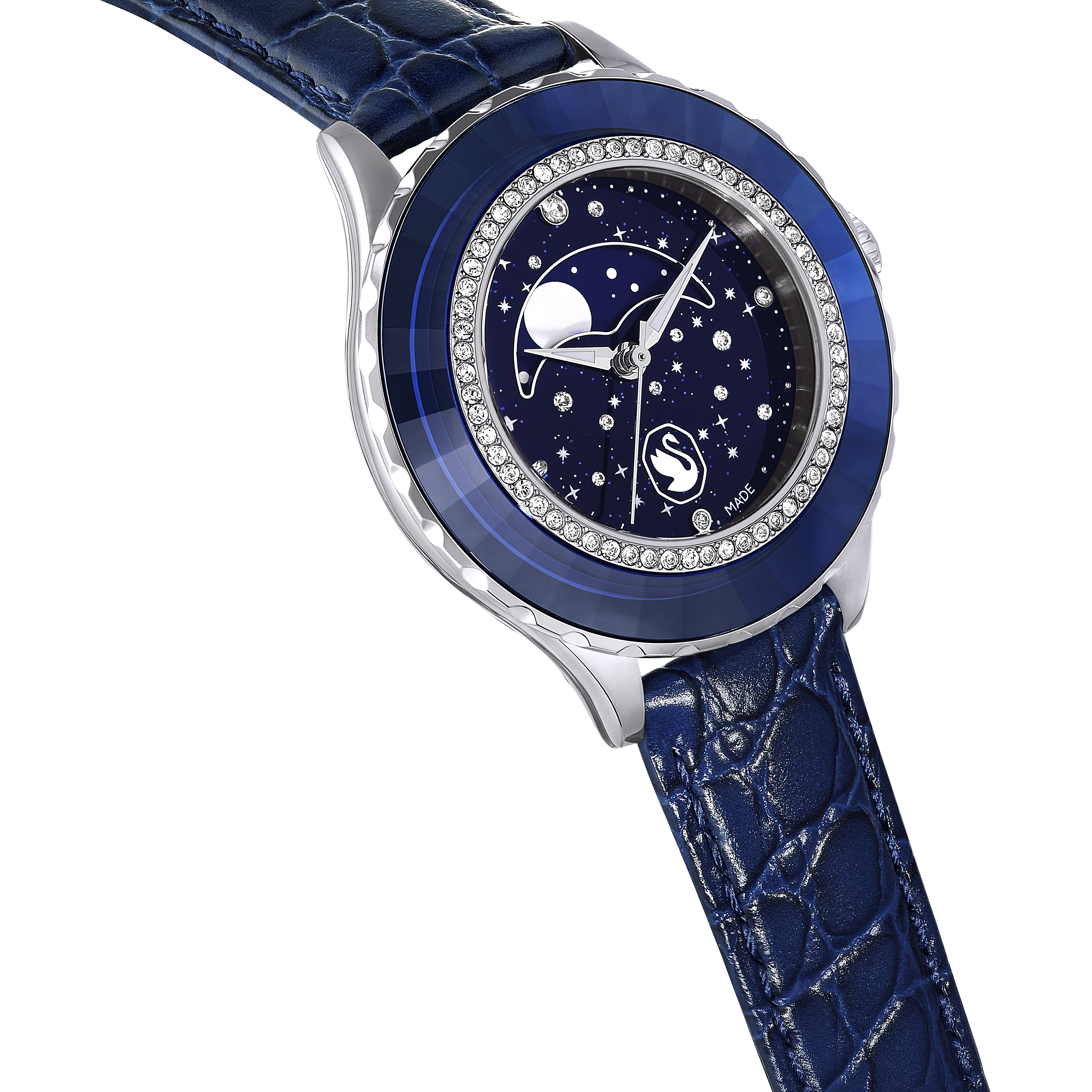 Swarovski Octea moon watch, Swiss Made, Moon, Leather strap, Blue, Stainless steel 5677494