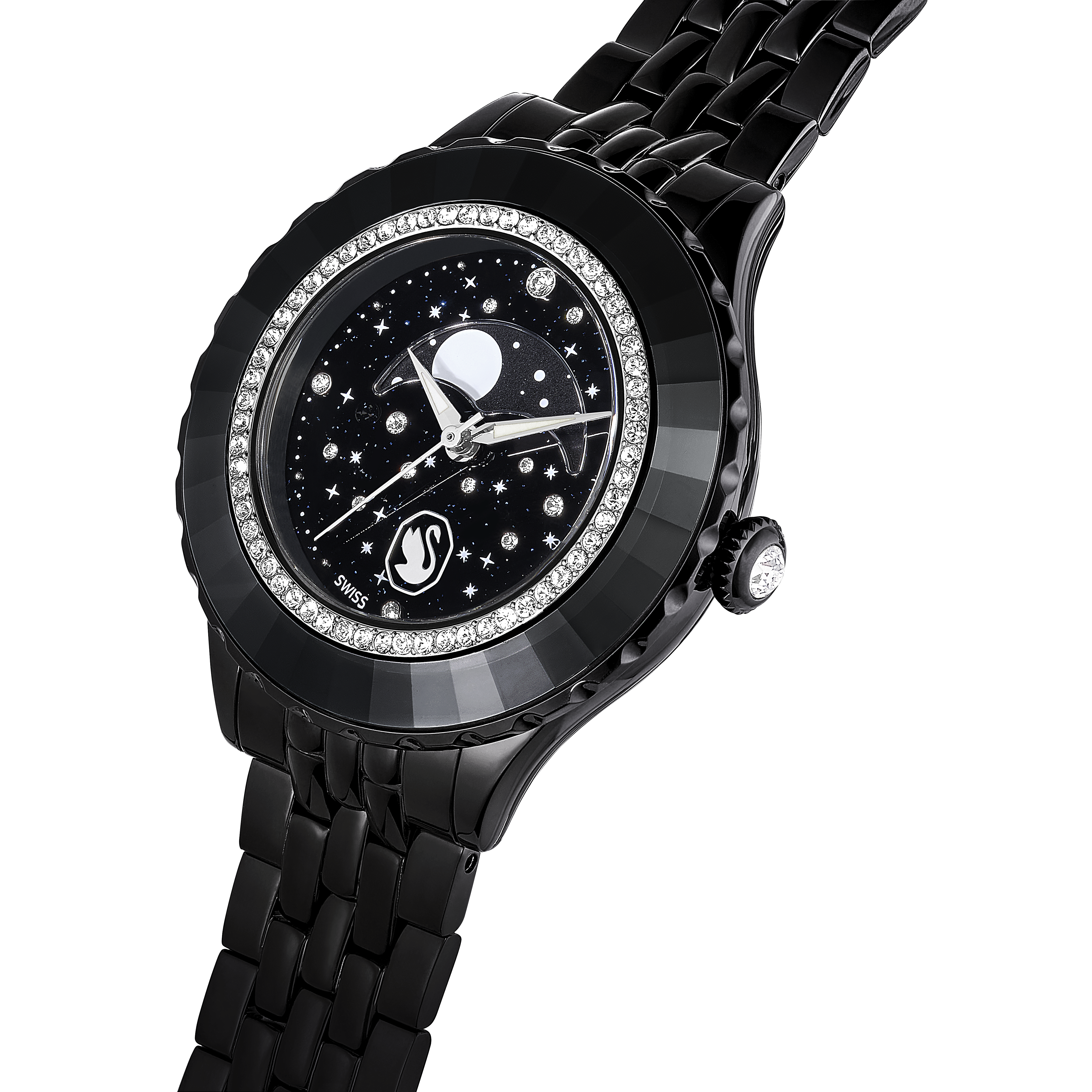 Swarovski Octea moon watch, Swiss Made, Moon, Metal bracelet, Black, Black finish 5677497