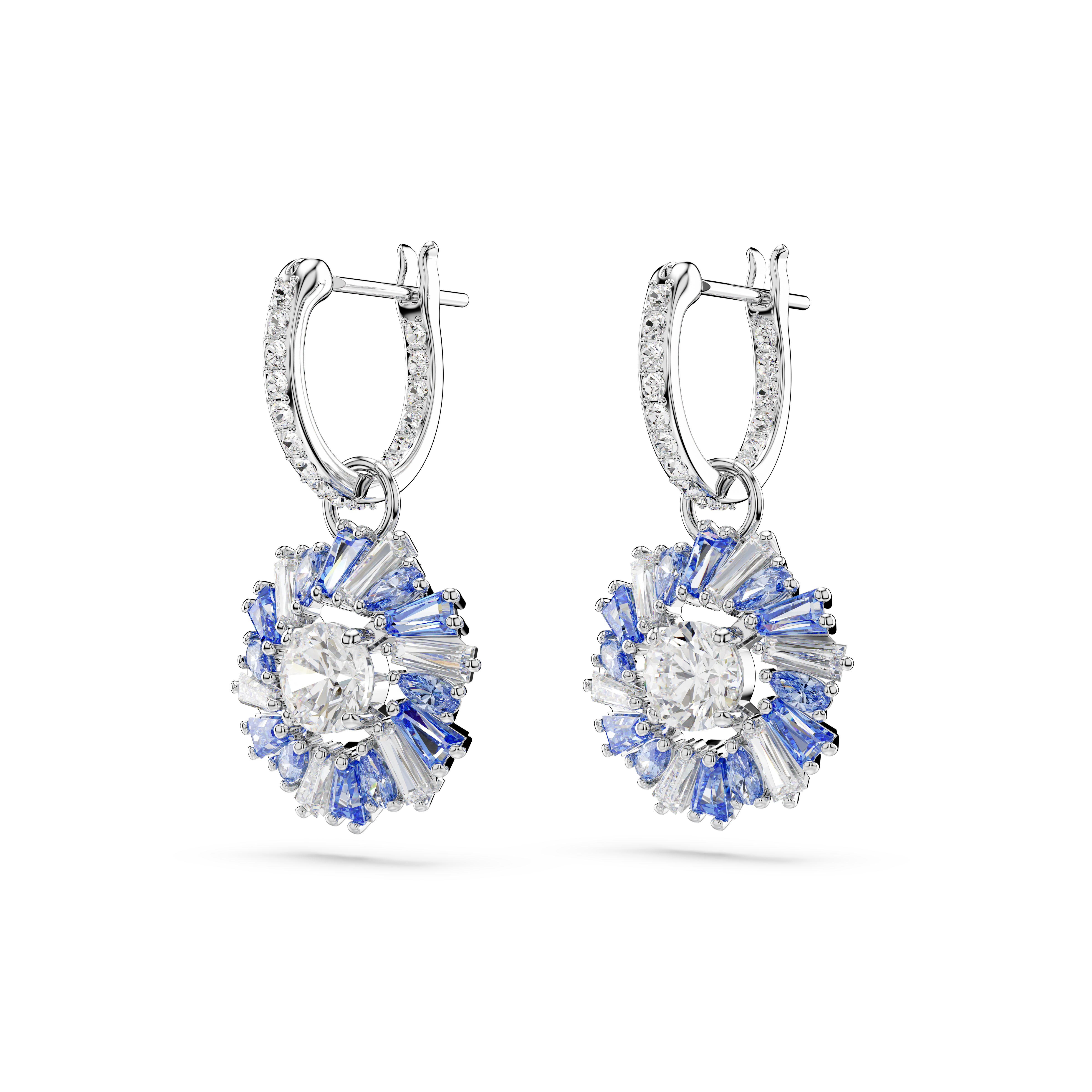 Swarovski Idyllia drop earrings, Mixed cuts, Flower, Blue, Rhodium plated 5680016