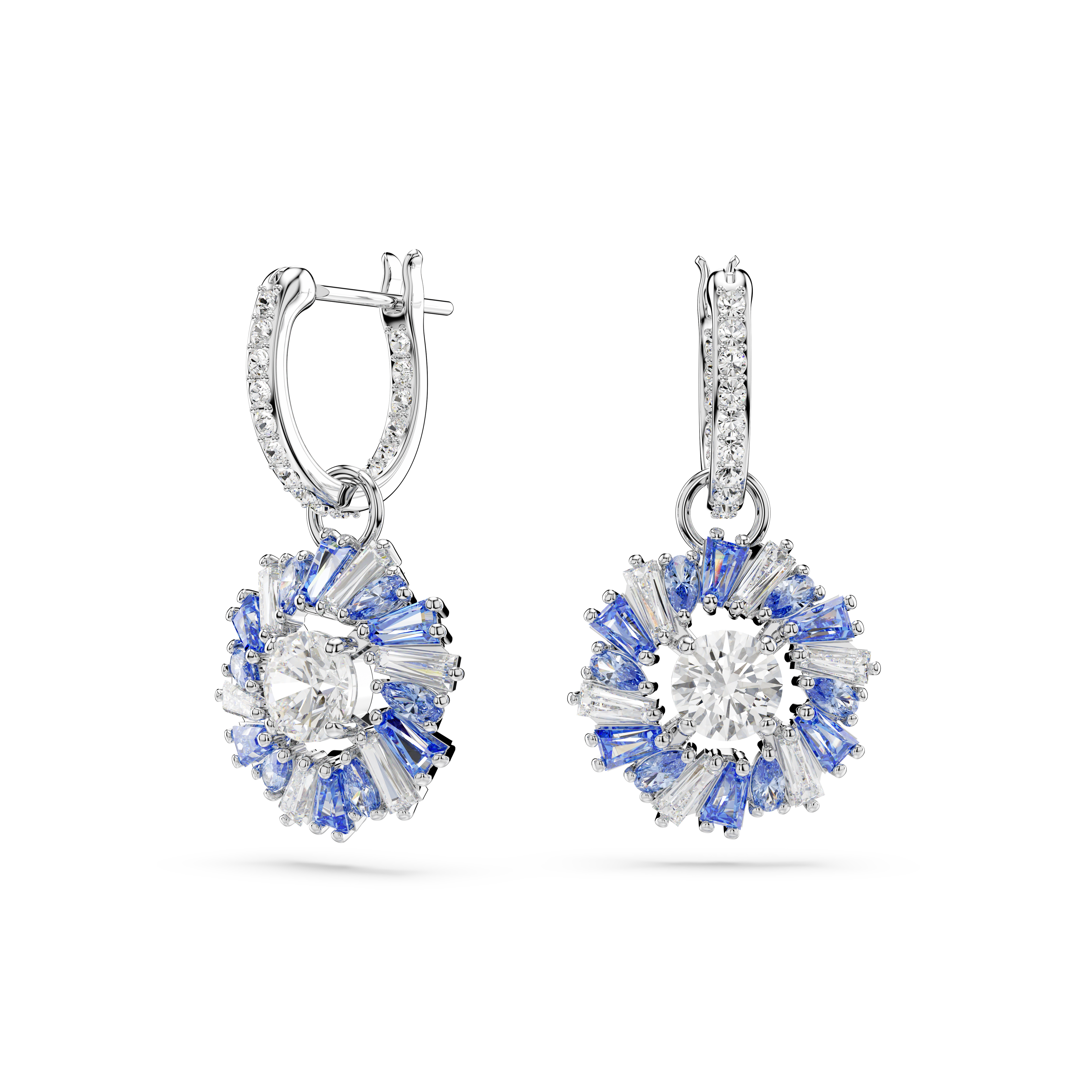 Swarovski Idyllia drop earrings, Mixed cuts, Flower, Blue, Rhodium plated 5680016
