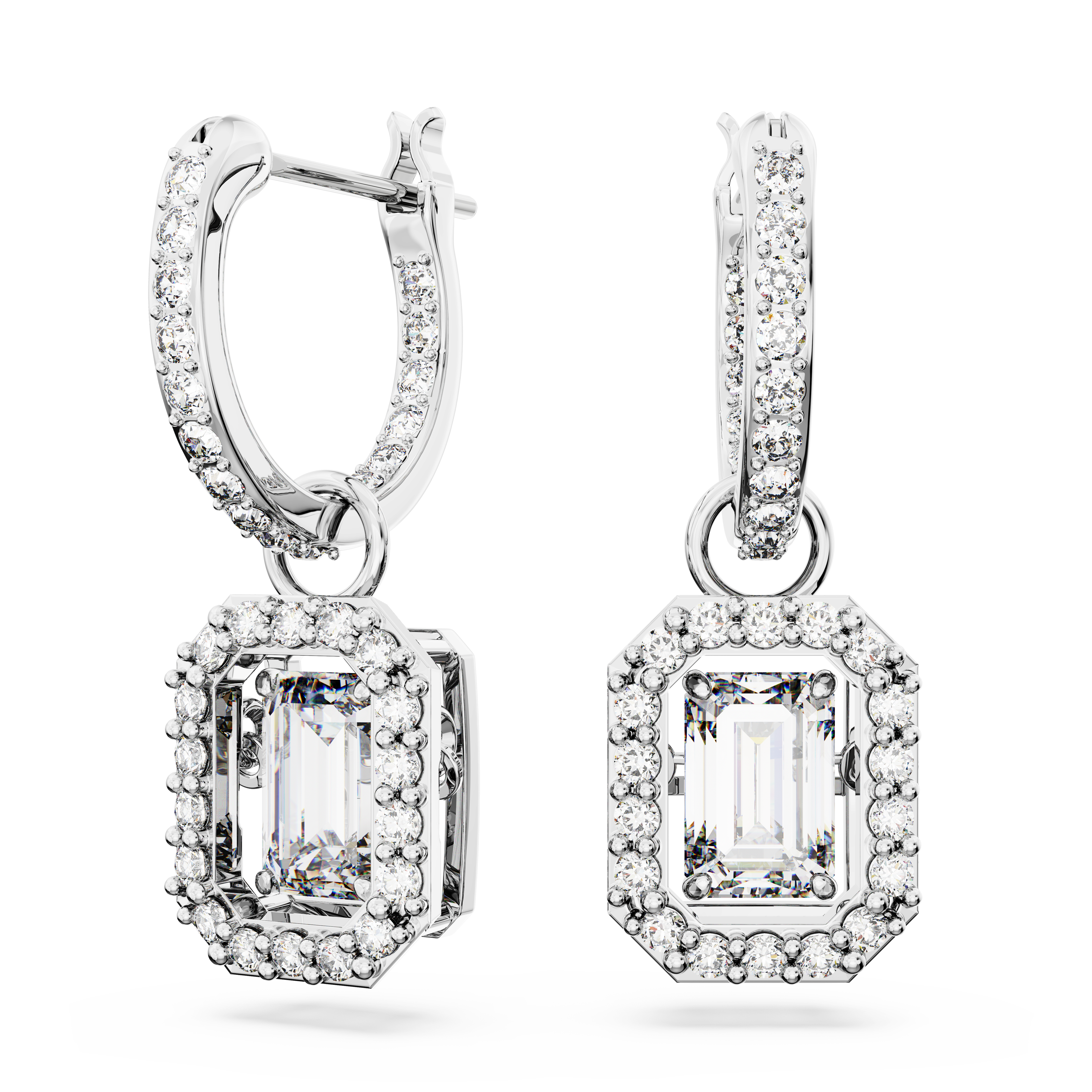 Swarovski Una drop earrings, Octagon cut, White, Rhodium plated 5689684