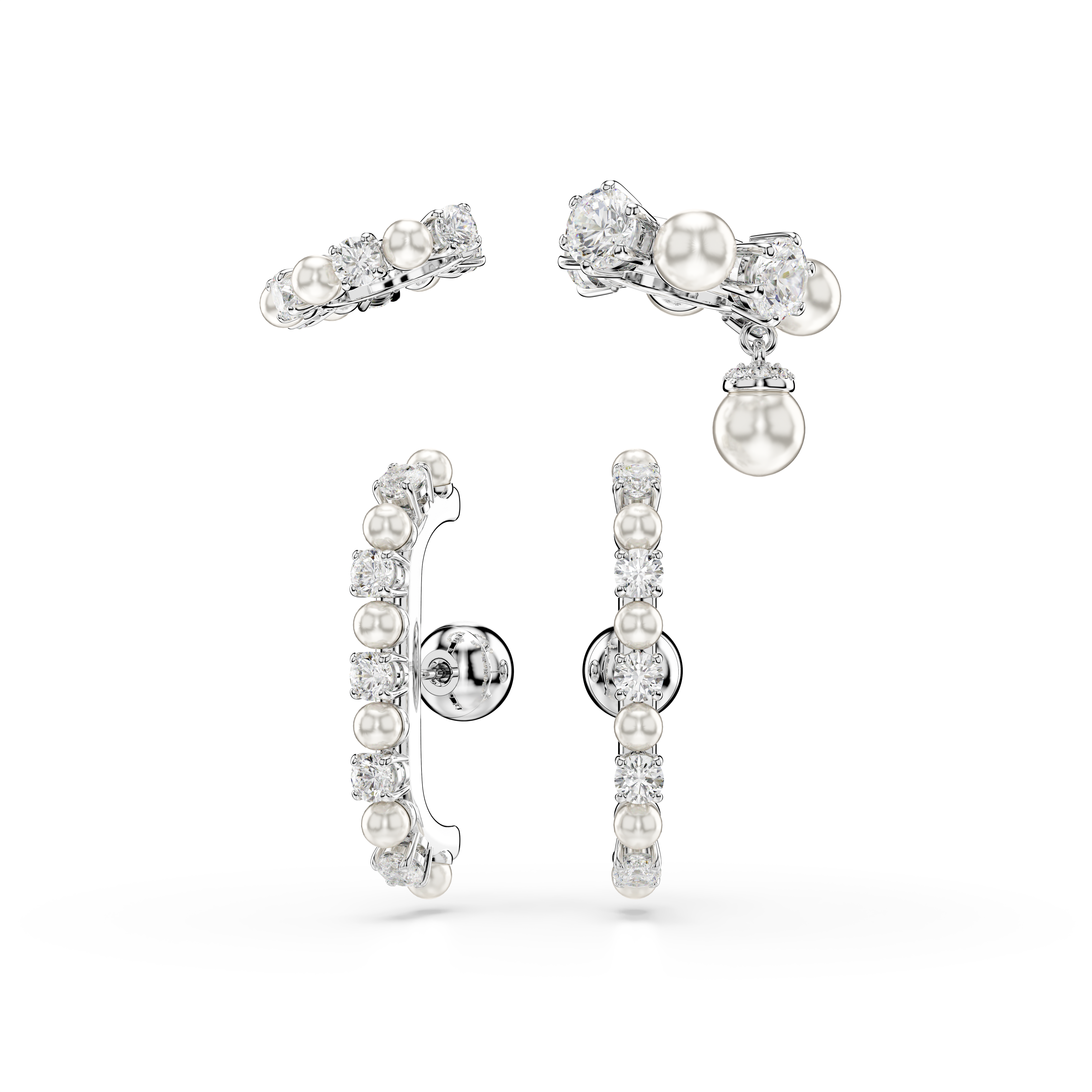 Swarovski Matrix ear cuff, Set (3), Crystal pearl, Round cut, White, Rhodium plated 5691715