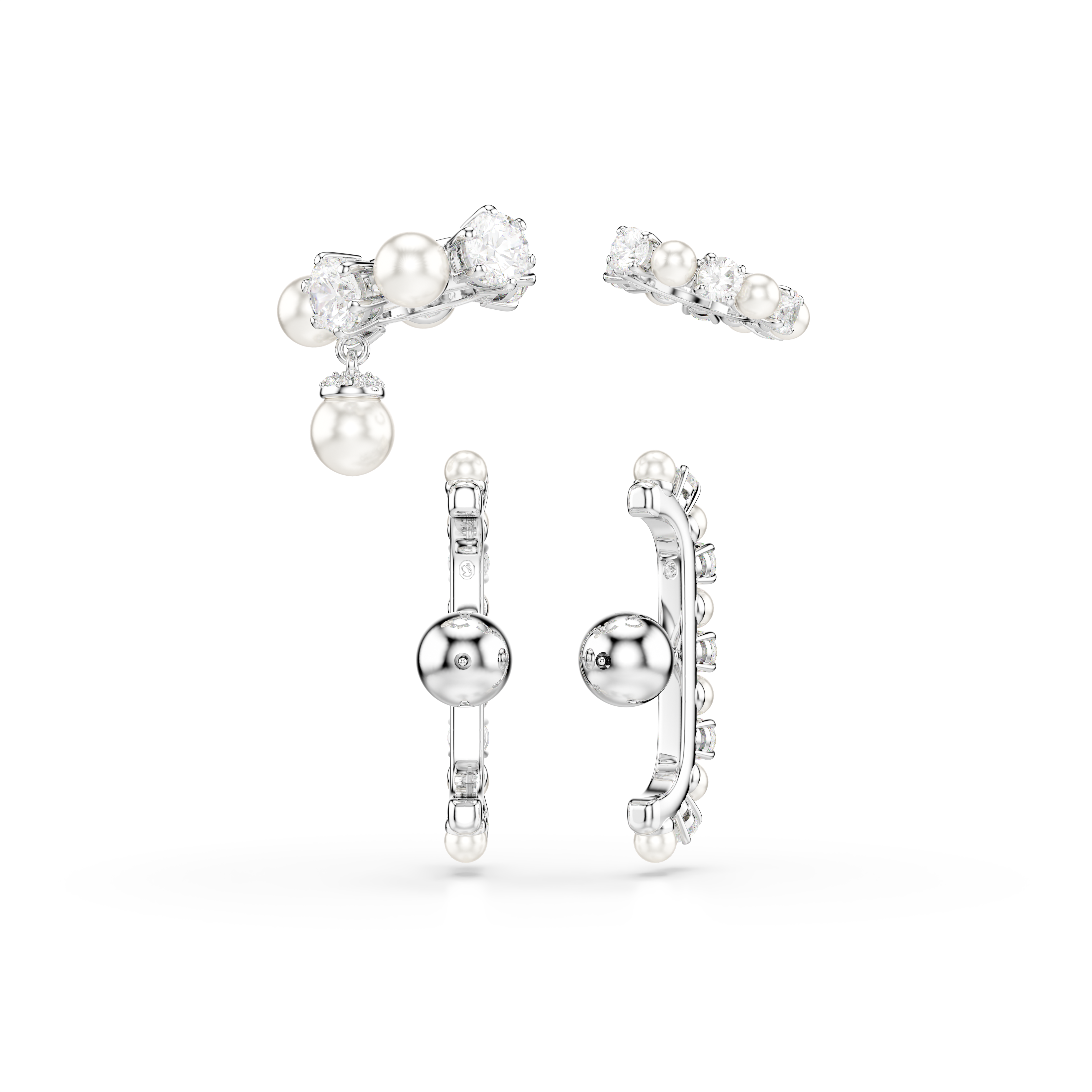 Swarovski Matrix ear cuff, Set (3), Crystal pearl, Round cut, White, Rhodium plated 5691715