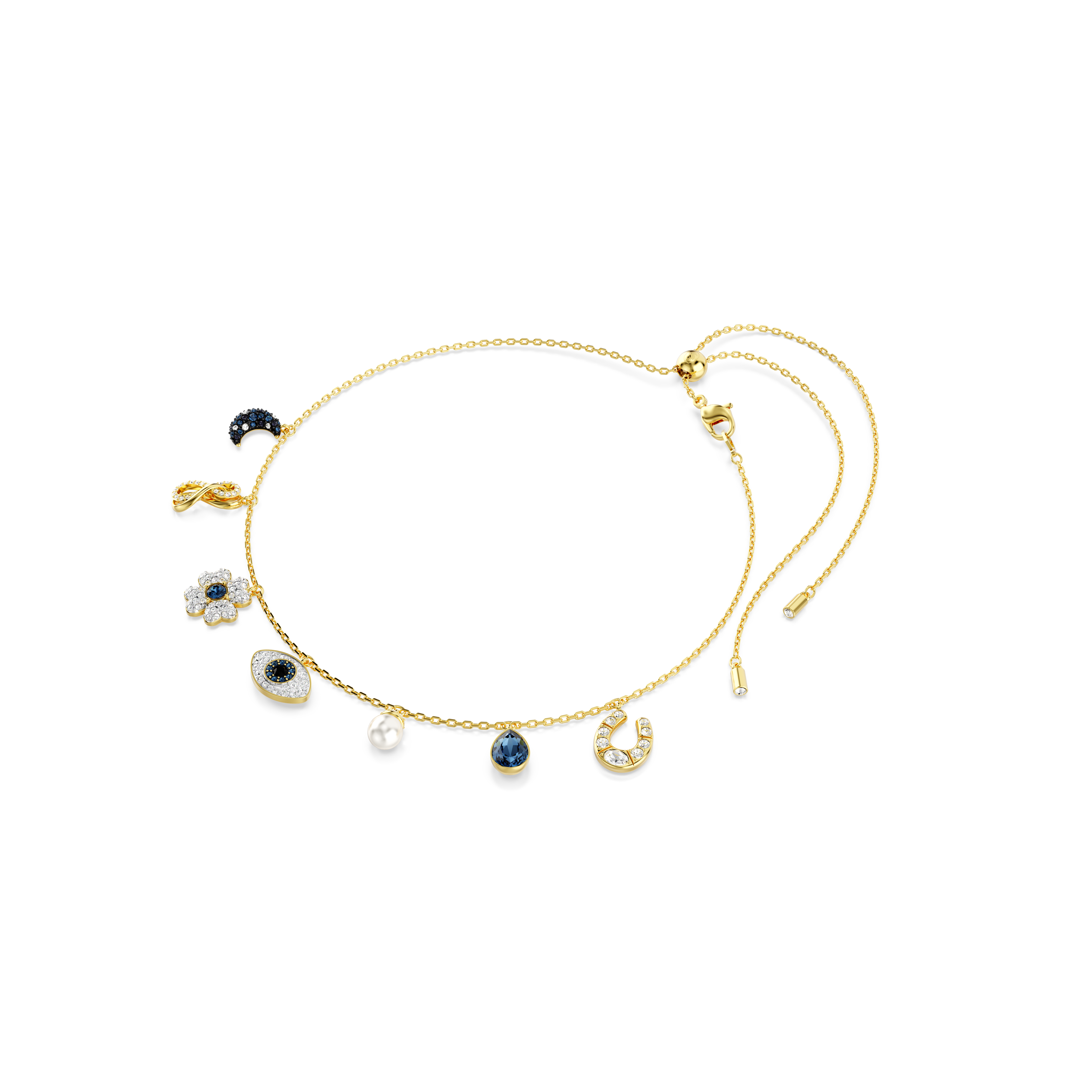 Swarovski Symbolica choker, Crystal pearl, Moon, infinity, clover, evil eye and horseshoe, Blue, Gold-tone plated 5692164