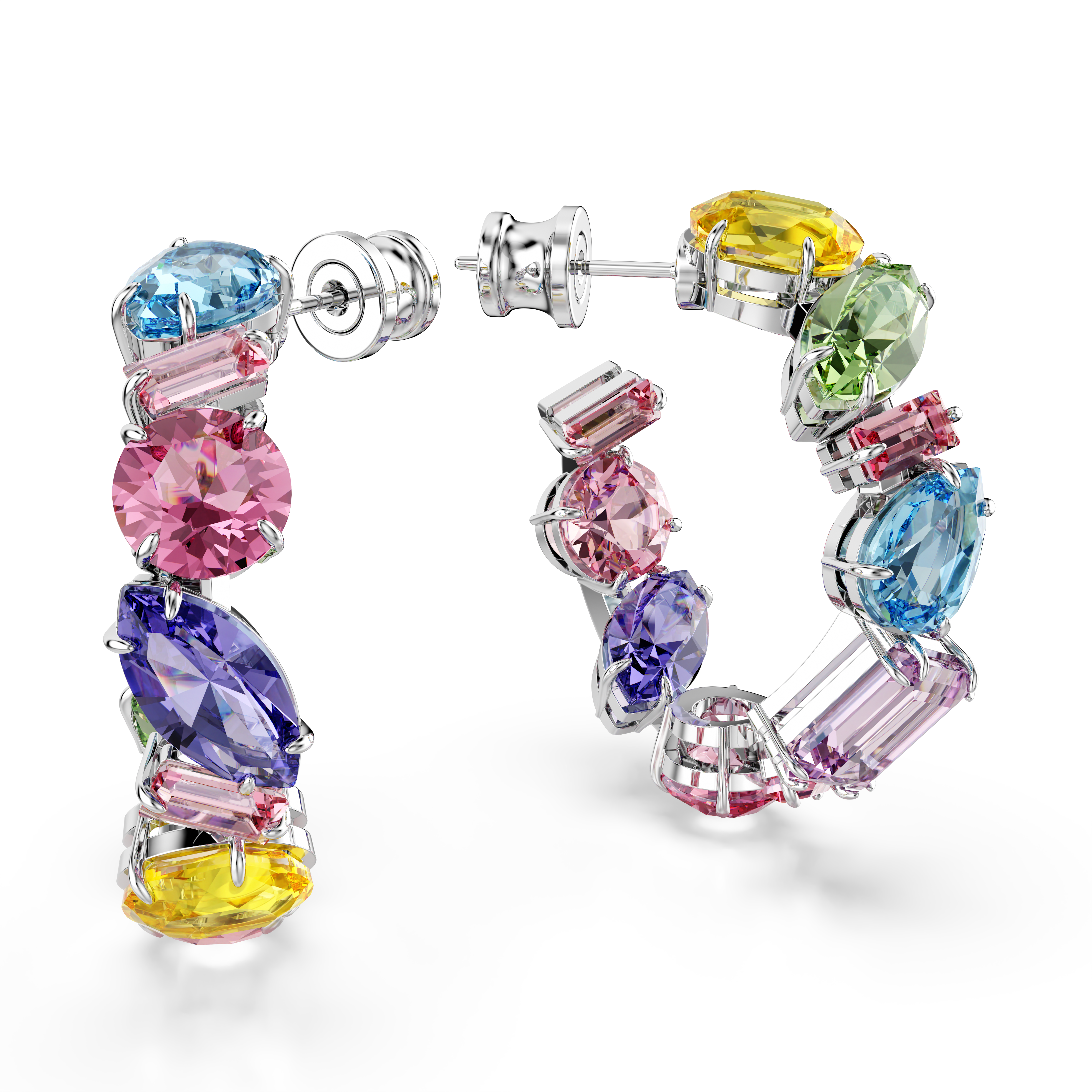 Swarovski Gema hoop earrings, Asymmetrical design, Mixed cuts, Small, Multicolored, Rhodium plated 5692412