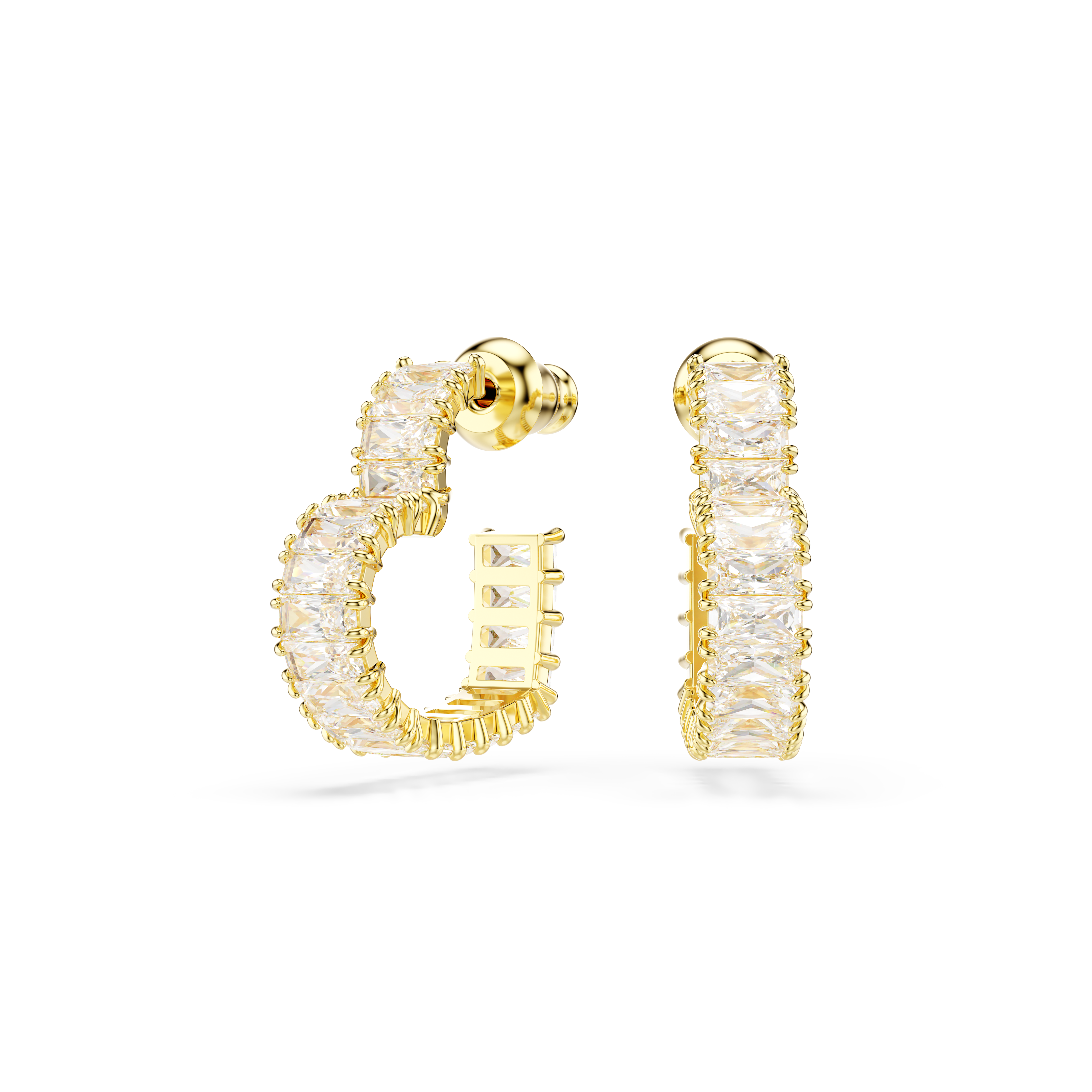 Swarovski Matrix hoop earrings, Baguette cut, Heart, Small, White, Gold-tone plated 5701599