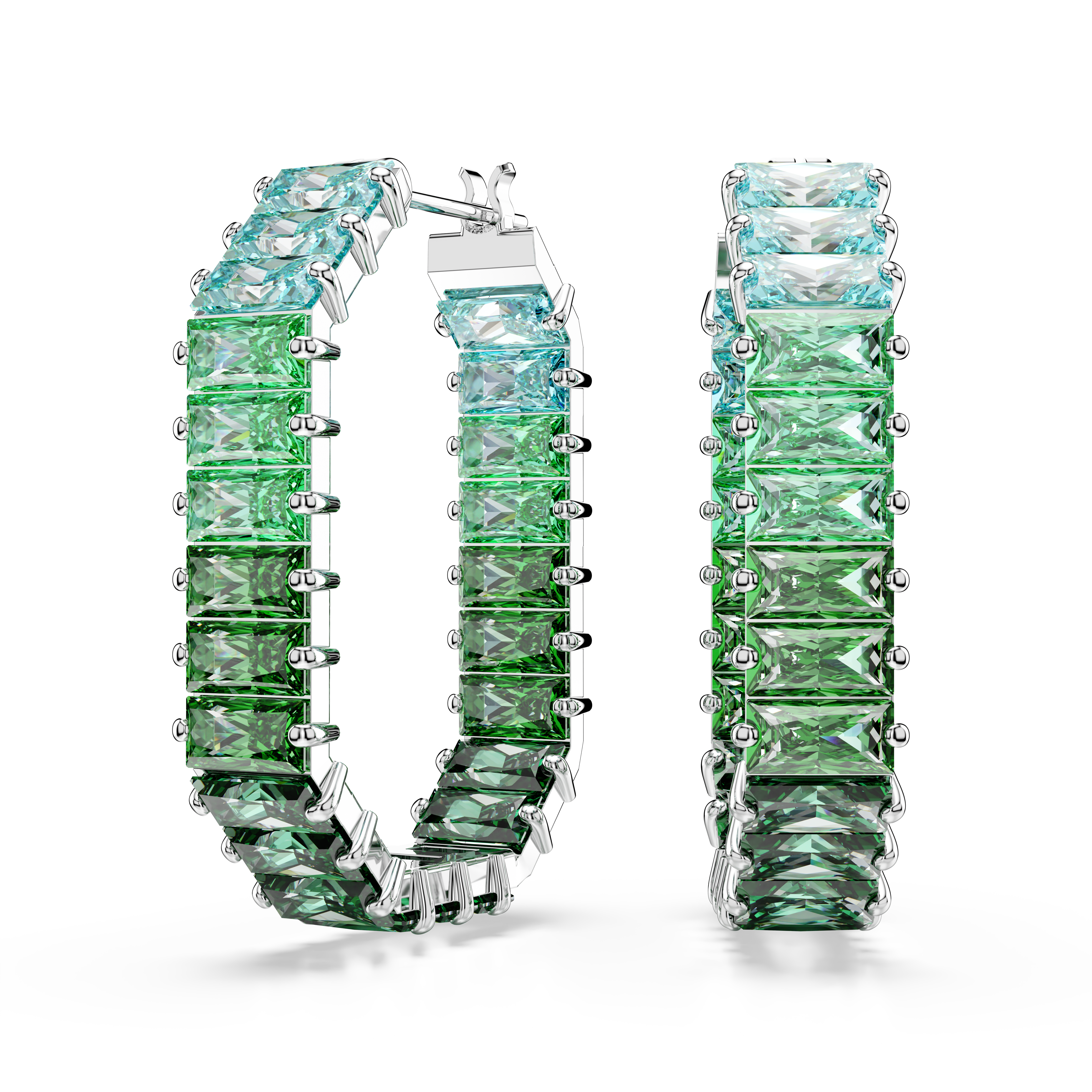 Swarovski Matrix hoop earrings, Baguette cut, Octagon shape, Color gradient, Green, Rhodium plated 5705787