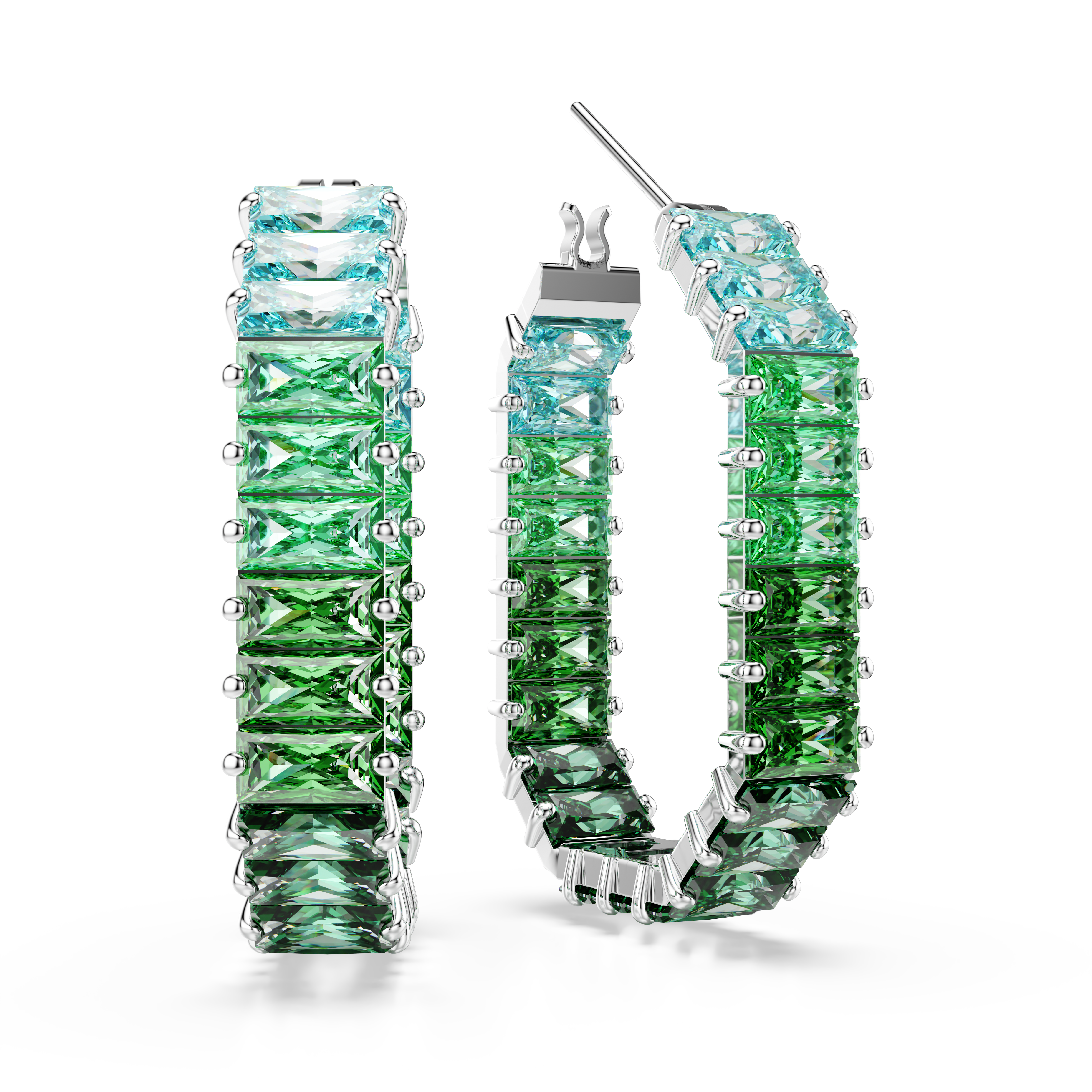 Swarovski Matrix hoop earrings, Baguette cut, Octagon shape, Color gradient, Green, Rhodium plated 5705787