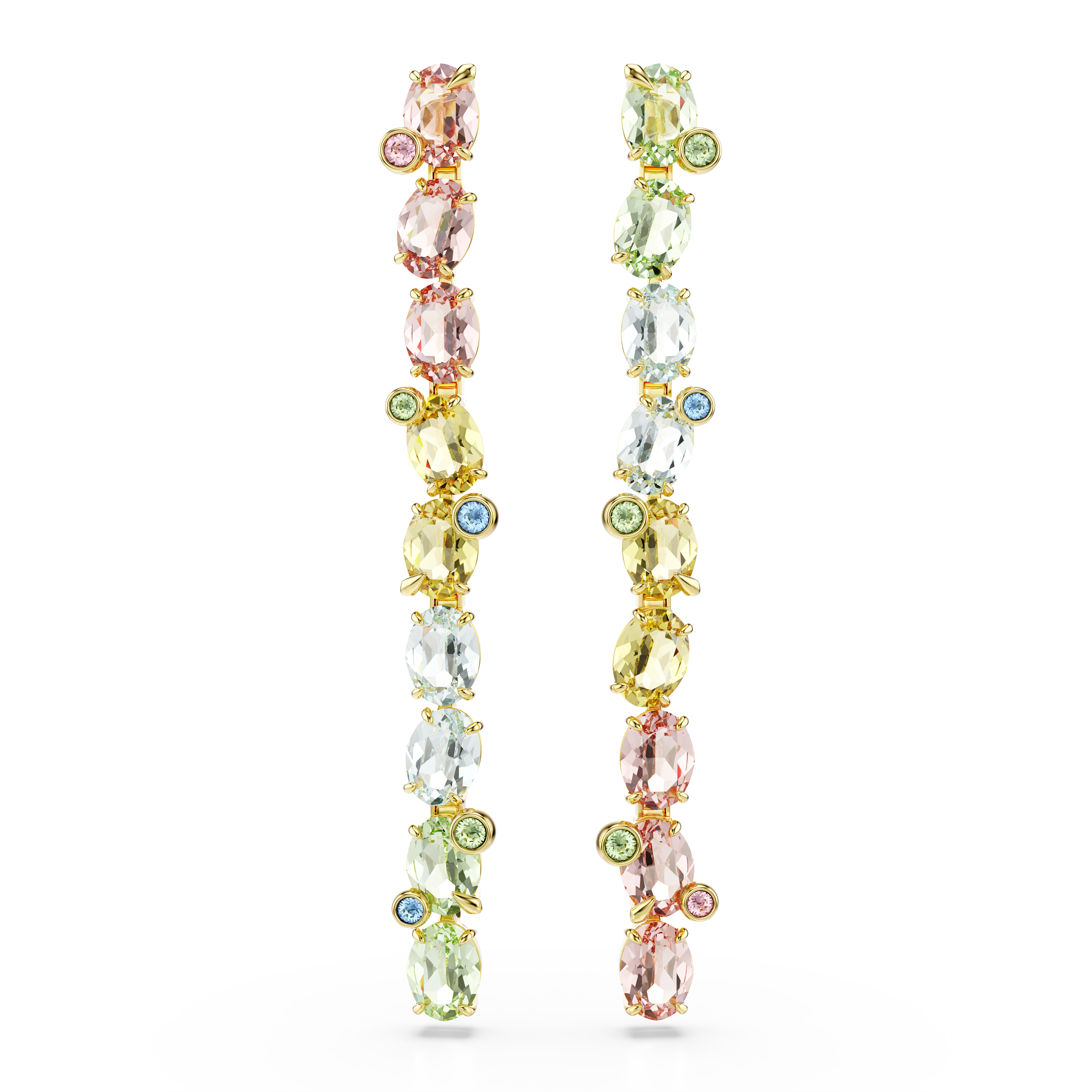 Swarovski Gema drop earrings, Asymmetrical design, Mixed cuts, Long, Multicolored, Gold-tone plated 5705809