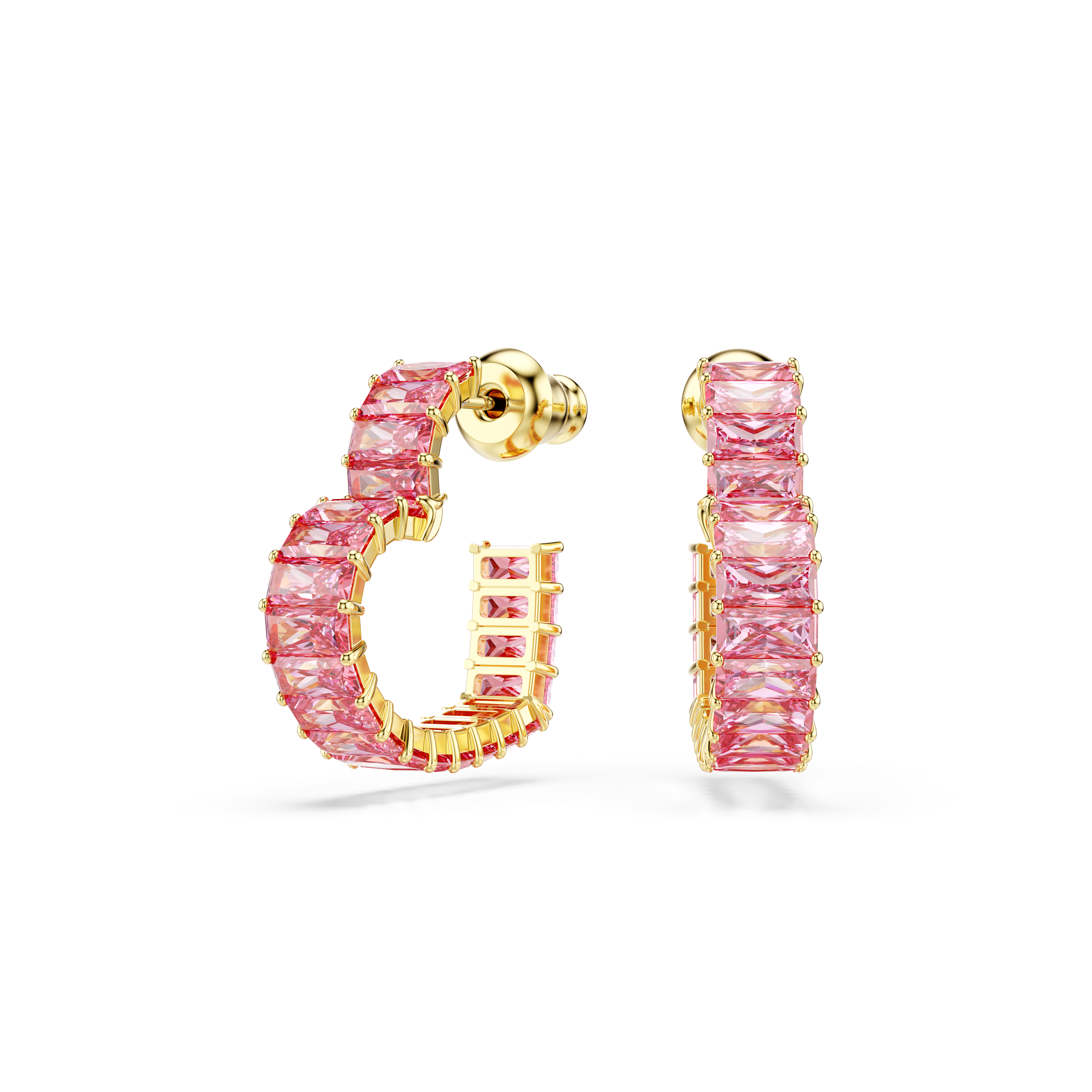 Swarovski Matrix hoop earrings, Baguette cut, Heart, Small, Pink, Gold-tone plated 5706340
