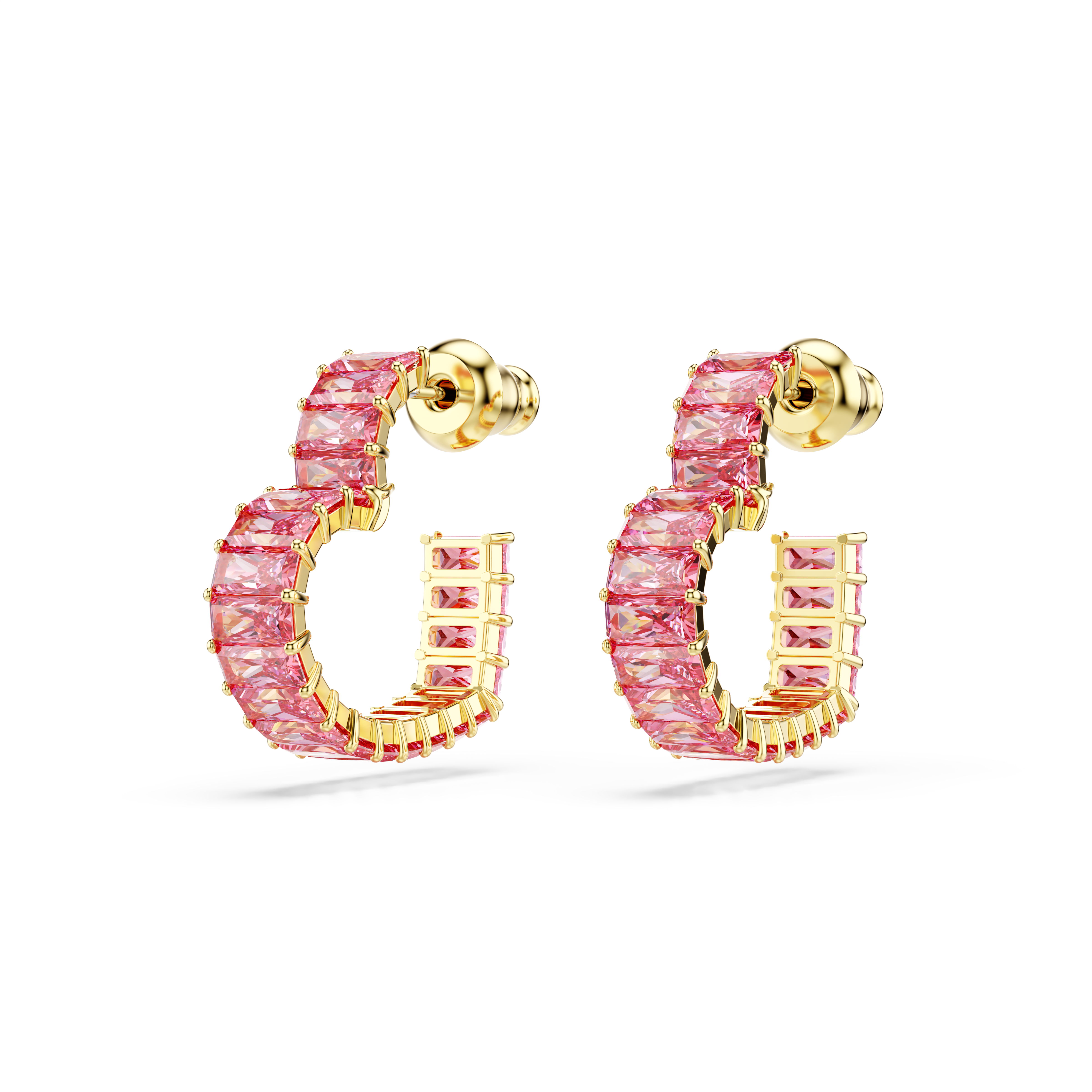 Swarovski Matrix hoop earrings, Baguette cut, Heart, Small, Pink, Gold-tone plated 5706340