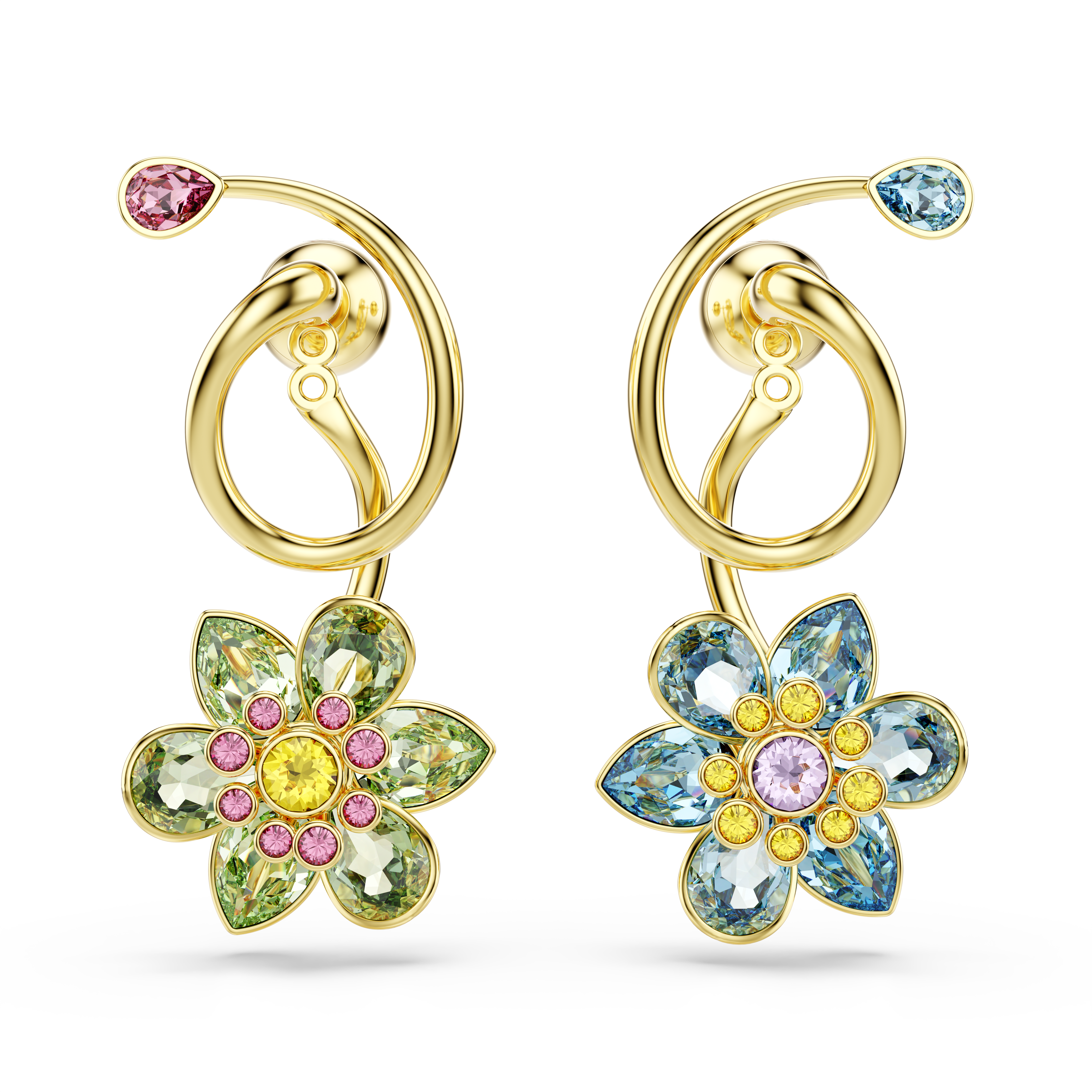 Swarovski Idyllia drop earrings, Asymmetrical design, Mixed cuts, Flower, Multicolored, Gold-tone plated 5709025
