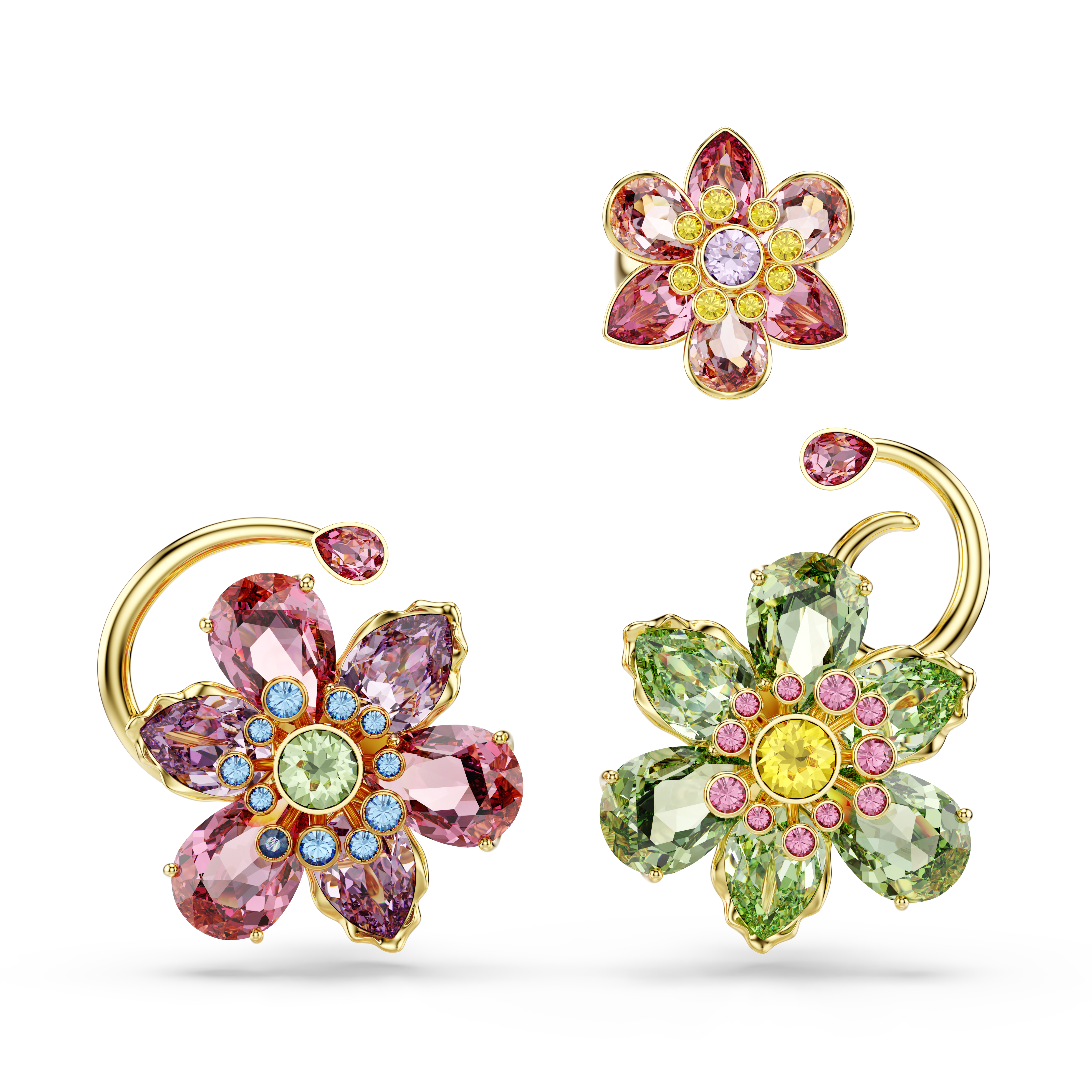 Swarovski Idyllia ear cuff, Set (3), Asymmetrical design, Mixed cuts, Flower, Multicolored, Gold-tone plated 5709026