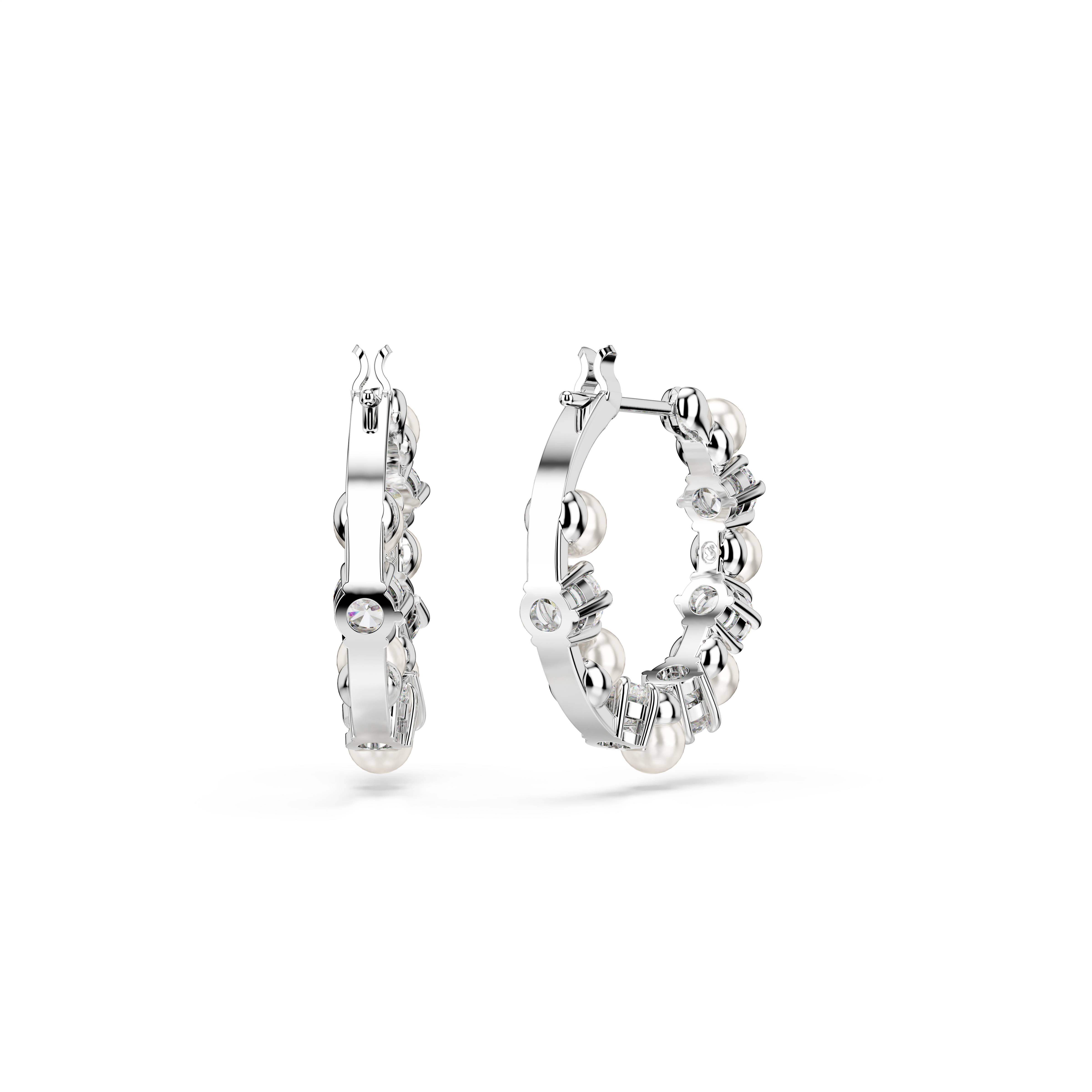 Swarovski Matrix hoop earrings, Crystal pearl, Round cut, White, Rhodium plated 5709256