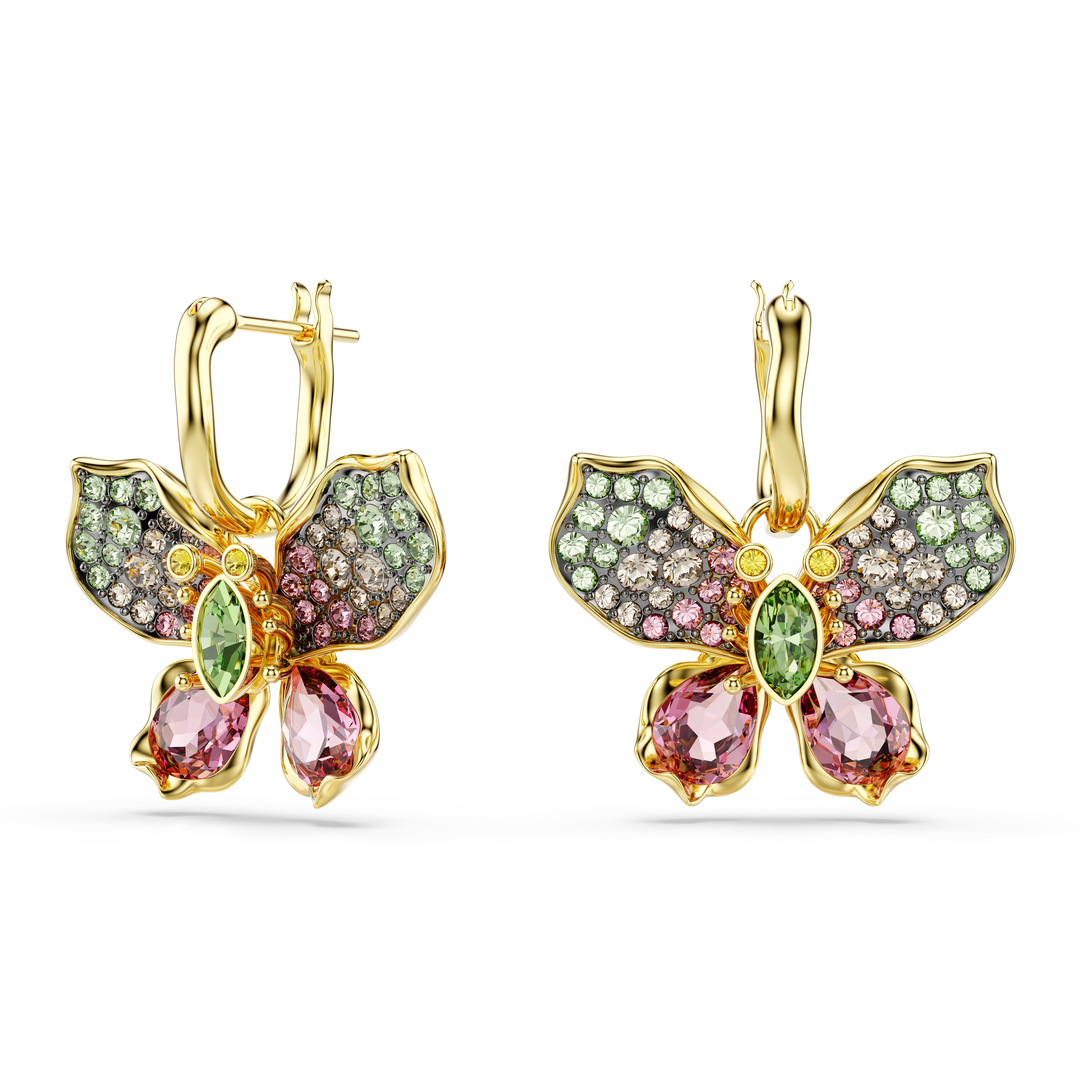 Swarovski Idyllia drop earrings, Mixed cuts, Pavé, Butterfly, Multicolored, Gold-tone plated 5709953