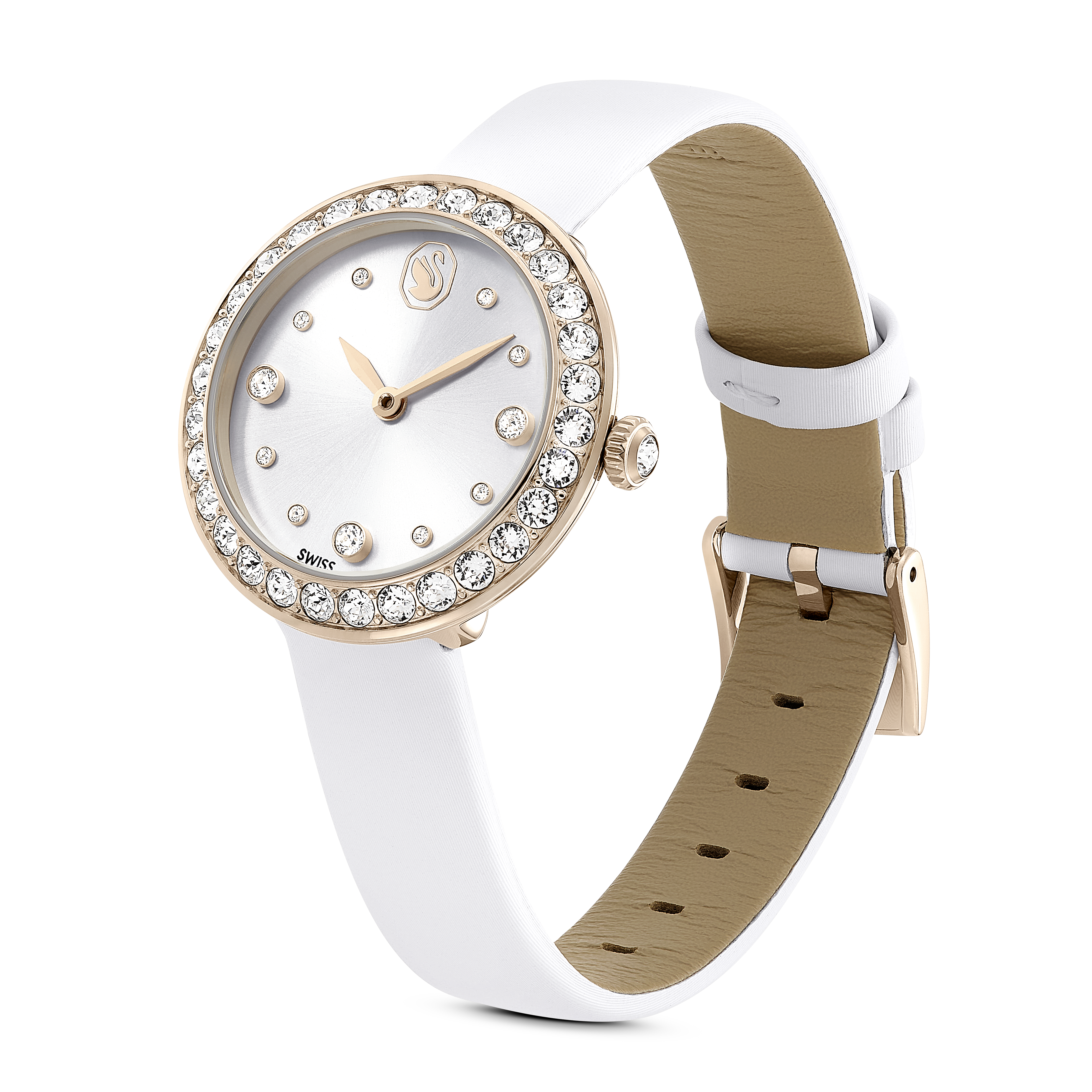 Swarovski Matrix tennis watch, Swiss Made, Leather strap, White, Champagne gold-tone finish 5710103