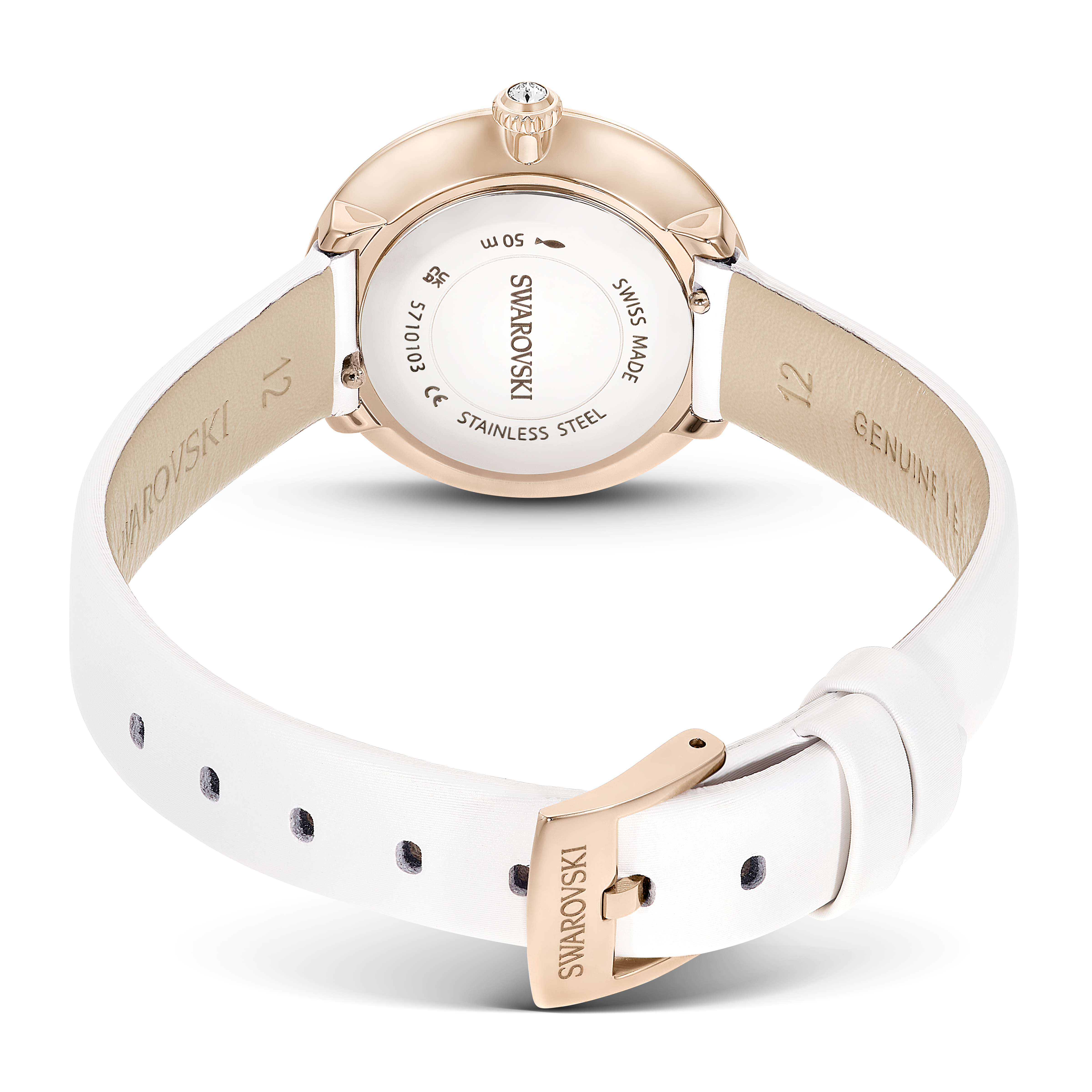 Swarovski Matrix tennis watch, Swiss Made, Leather strap, White, Champagne gold-tone finish 5710103