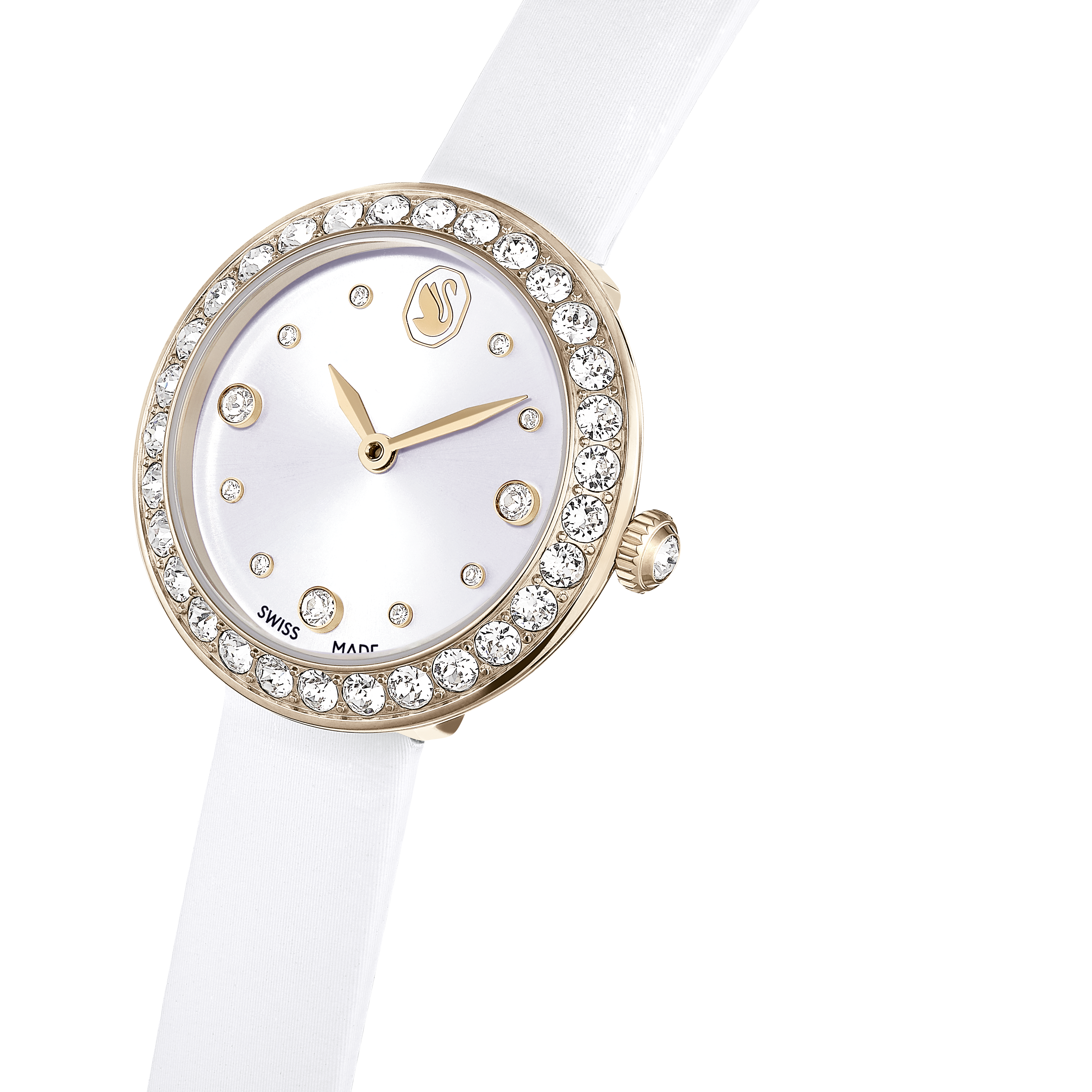 Swarovski Matrix tennis watch, Swiss Made, Leather strap, White, Champagne gold-tone finish 5710103