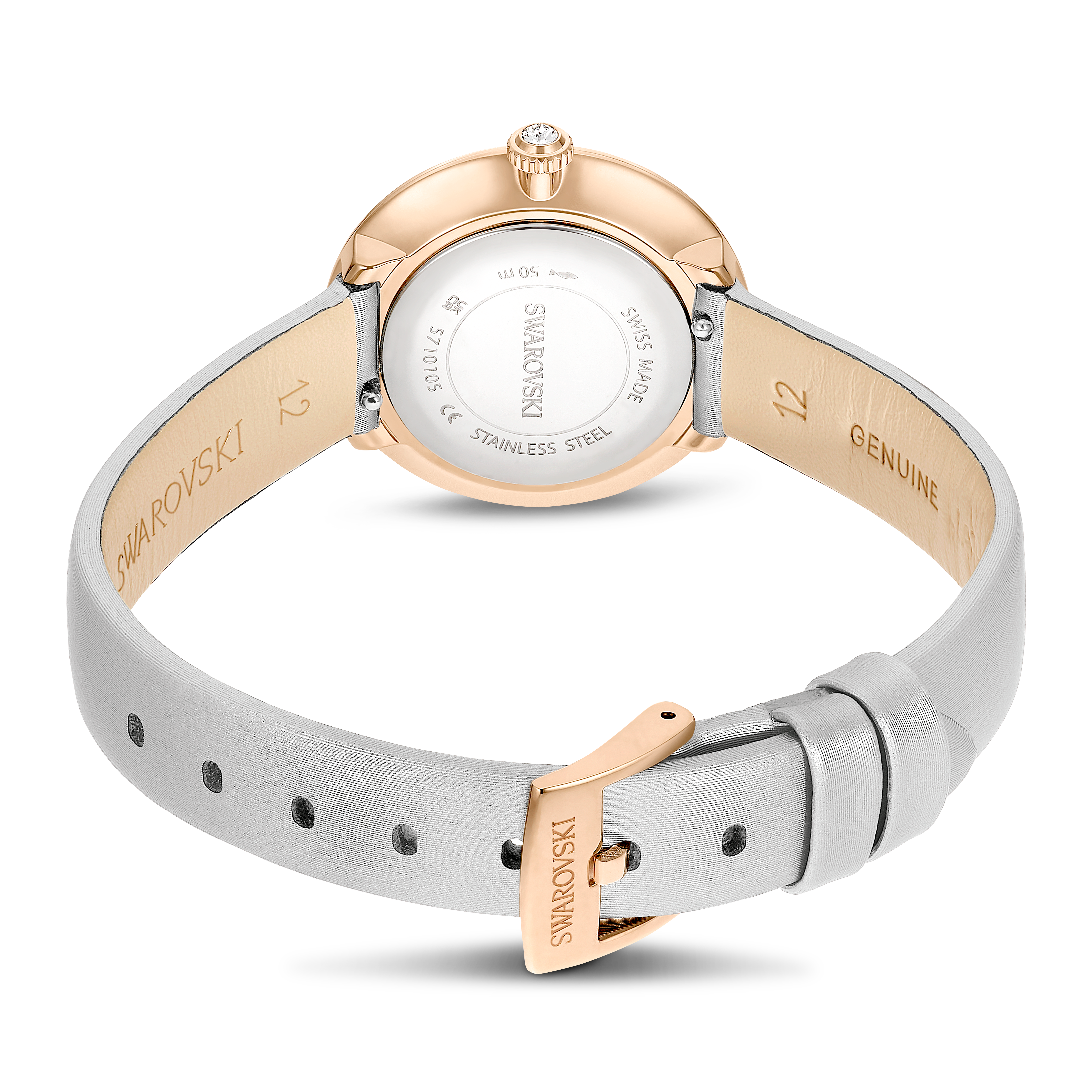 Swarovski Matrix tennis watch, Swiss Made, Leather strap, Gray, Rose gold-tone finish 5710105