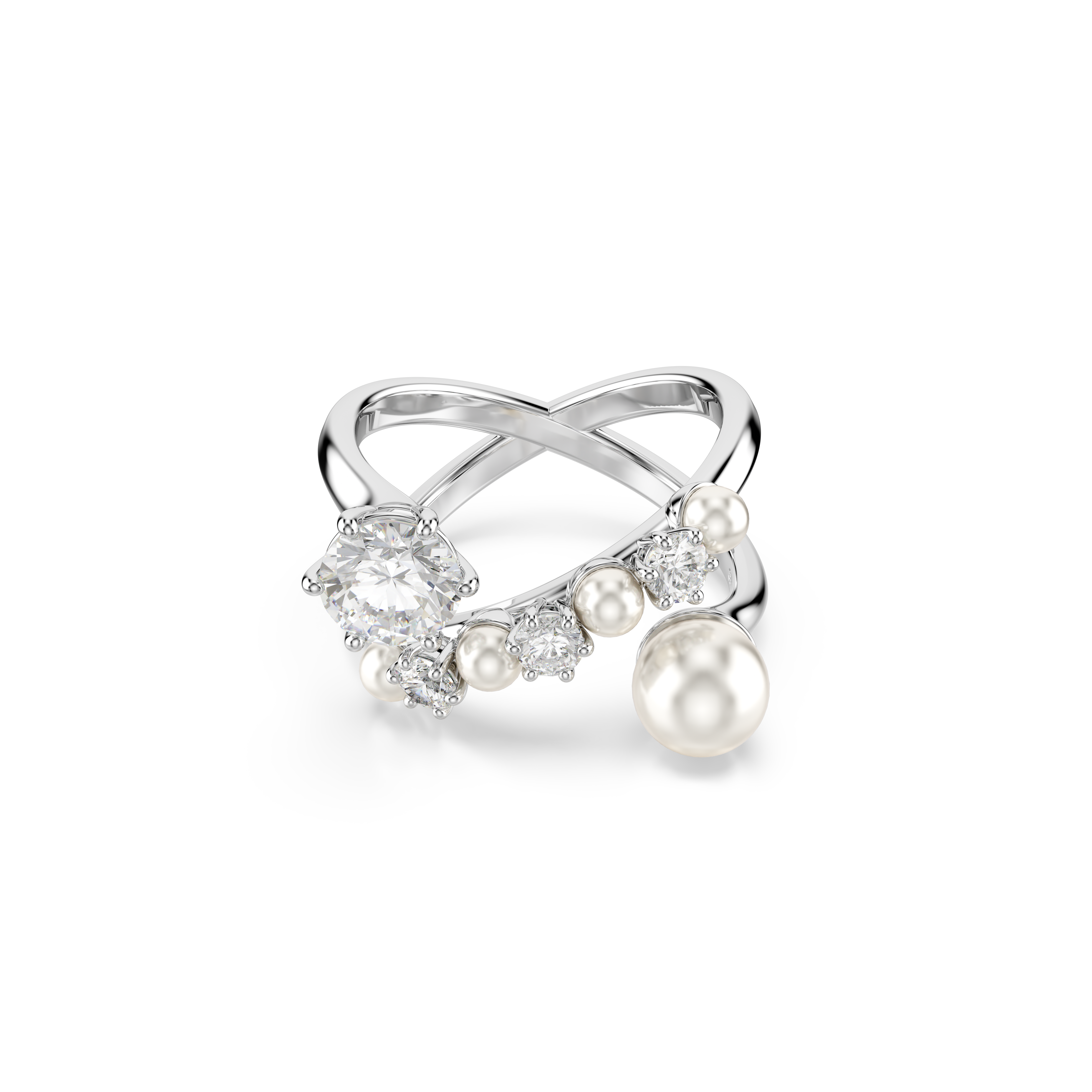 Swarovski Matrix cocktail ring, Crystal pearl, Round cut, White, Rhodium plated 5714376
