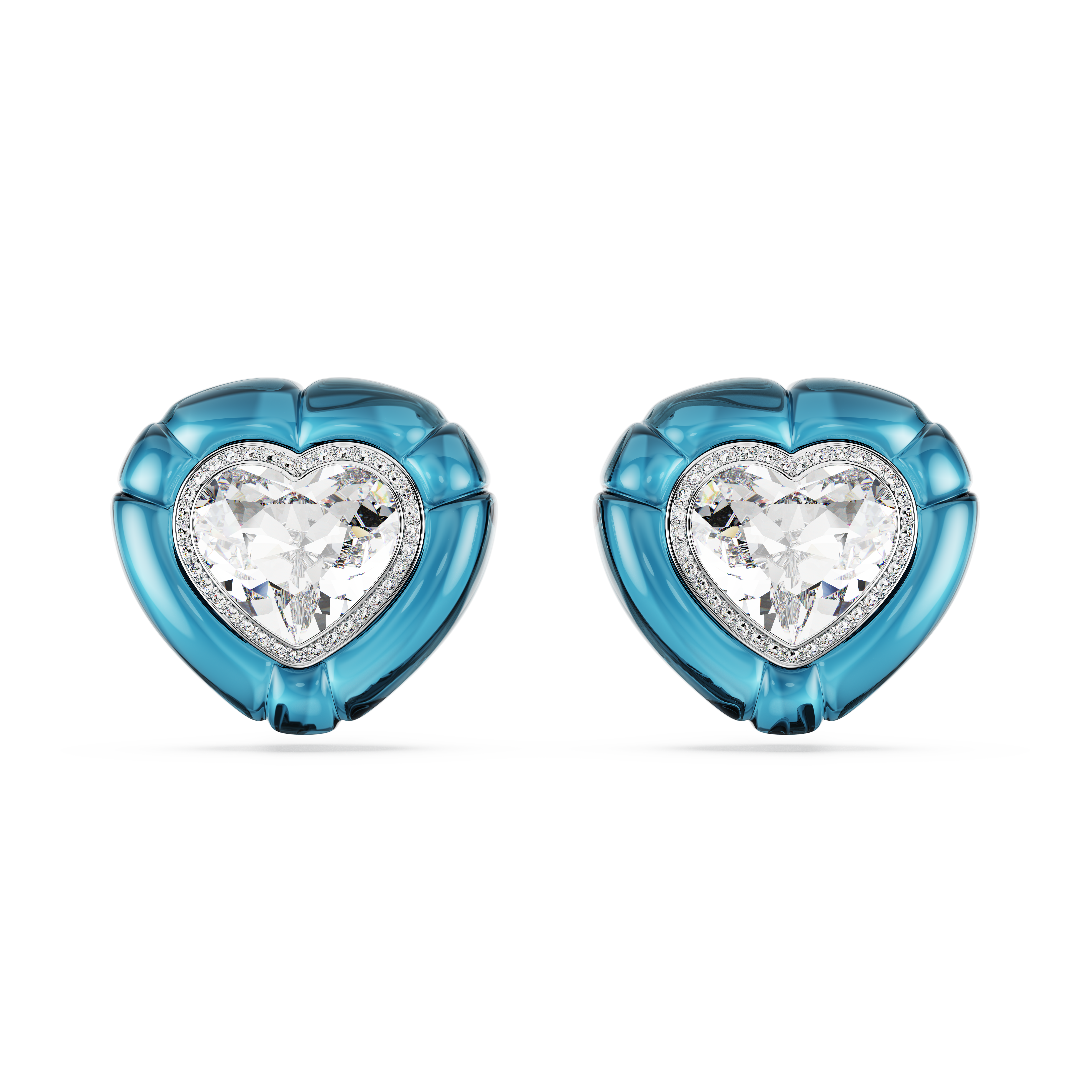 Swarovski Dulcis clip earrings, Heart cut, Pavé, Heart, Blue, Rhodium plated 5714385