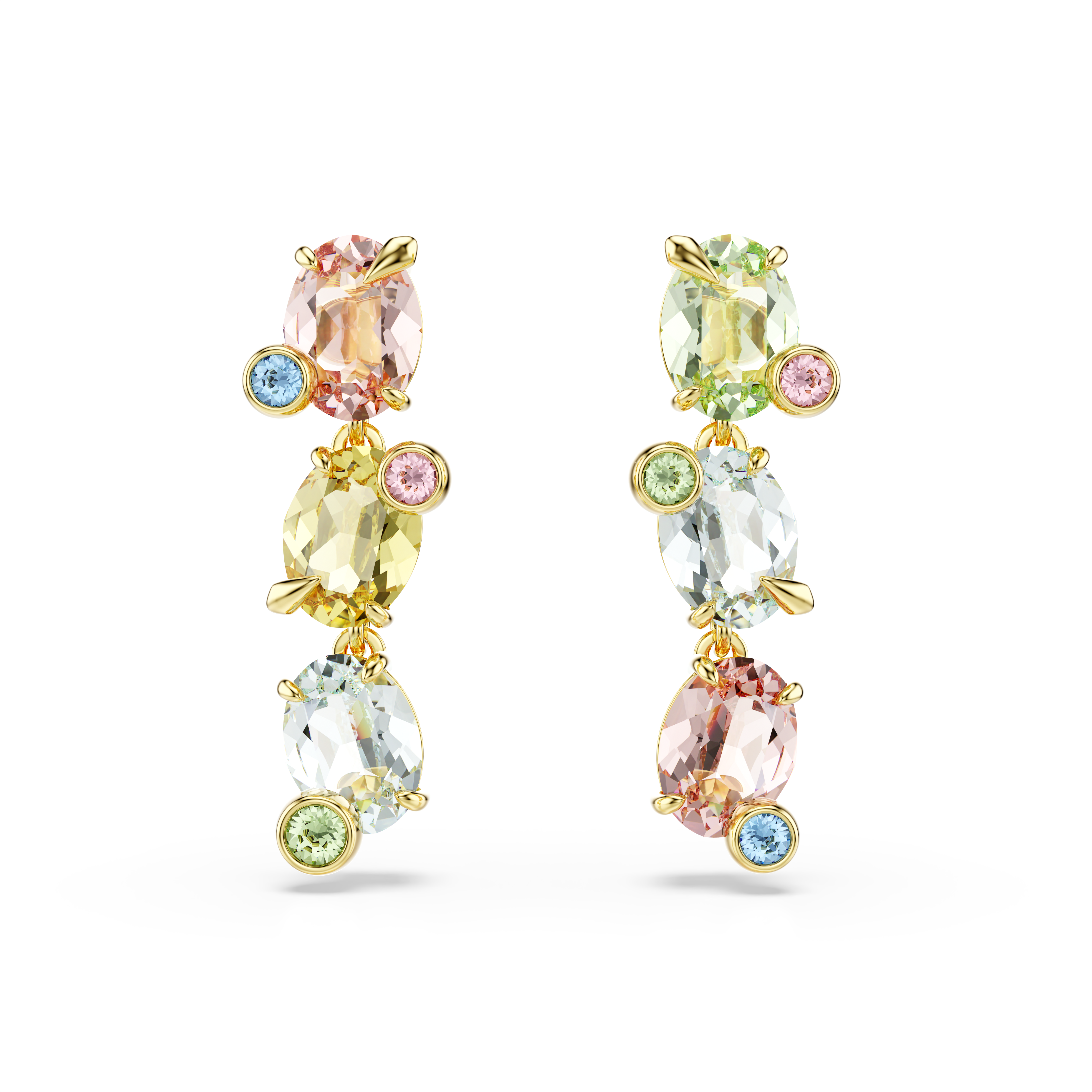 Swarovski Gema drop earrings, Asymmetrical design, Mixed cuts, Multicolored, Gold-tone plated 5714815