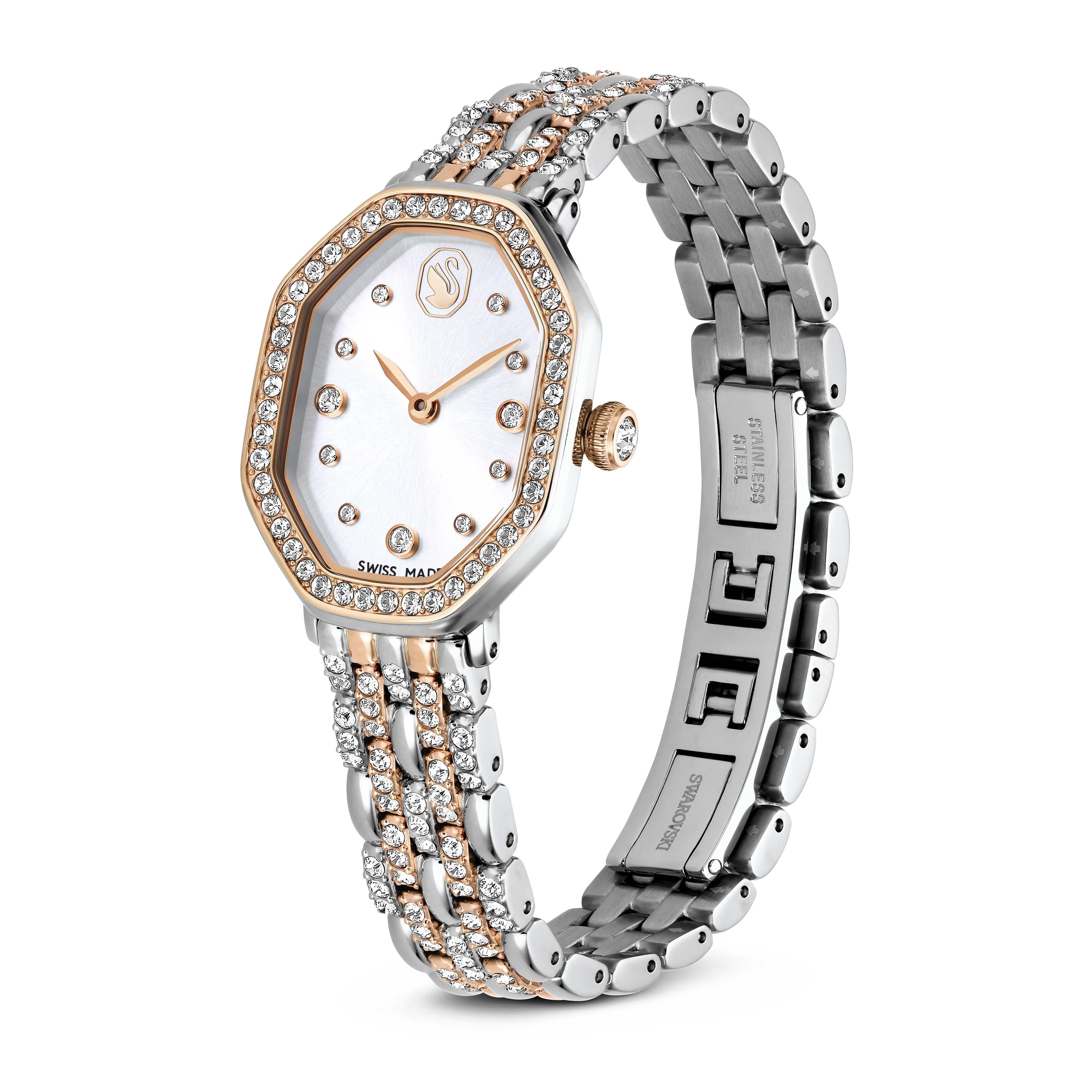 Swarovski Dextera octagon watch, Swiss Made, Metal bracelet, Silver tone, Rose gold-tone finish 5715521