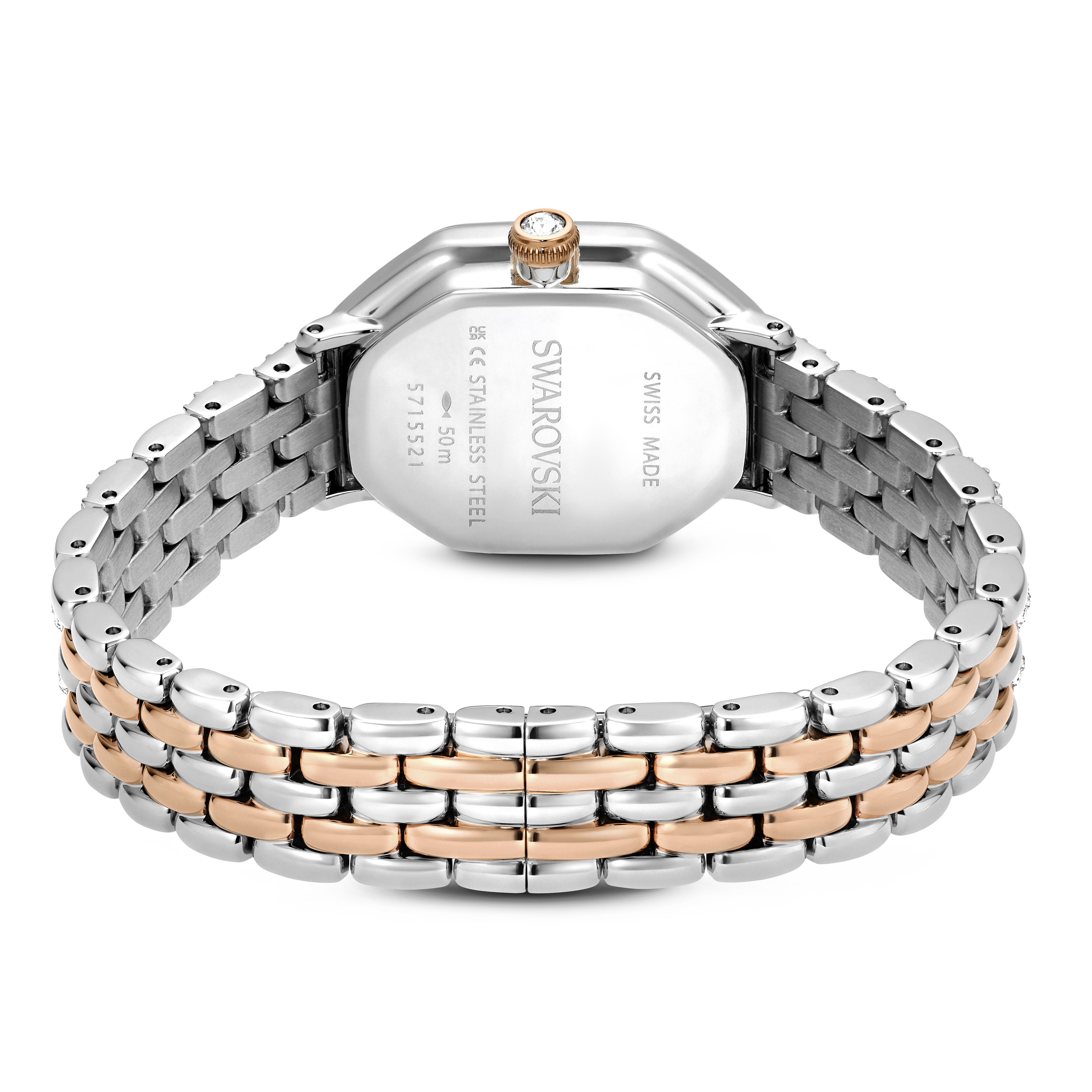 Swarovski Dextera octagon watch, Swiss Made, Metal bracelet, Silver tone, Rose gold-tone finish 5715521